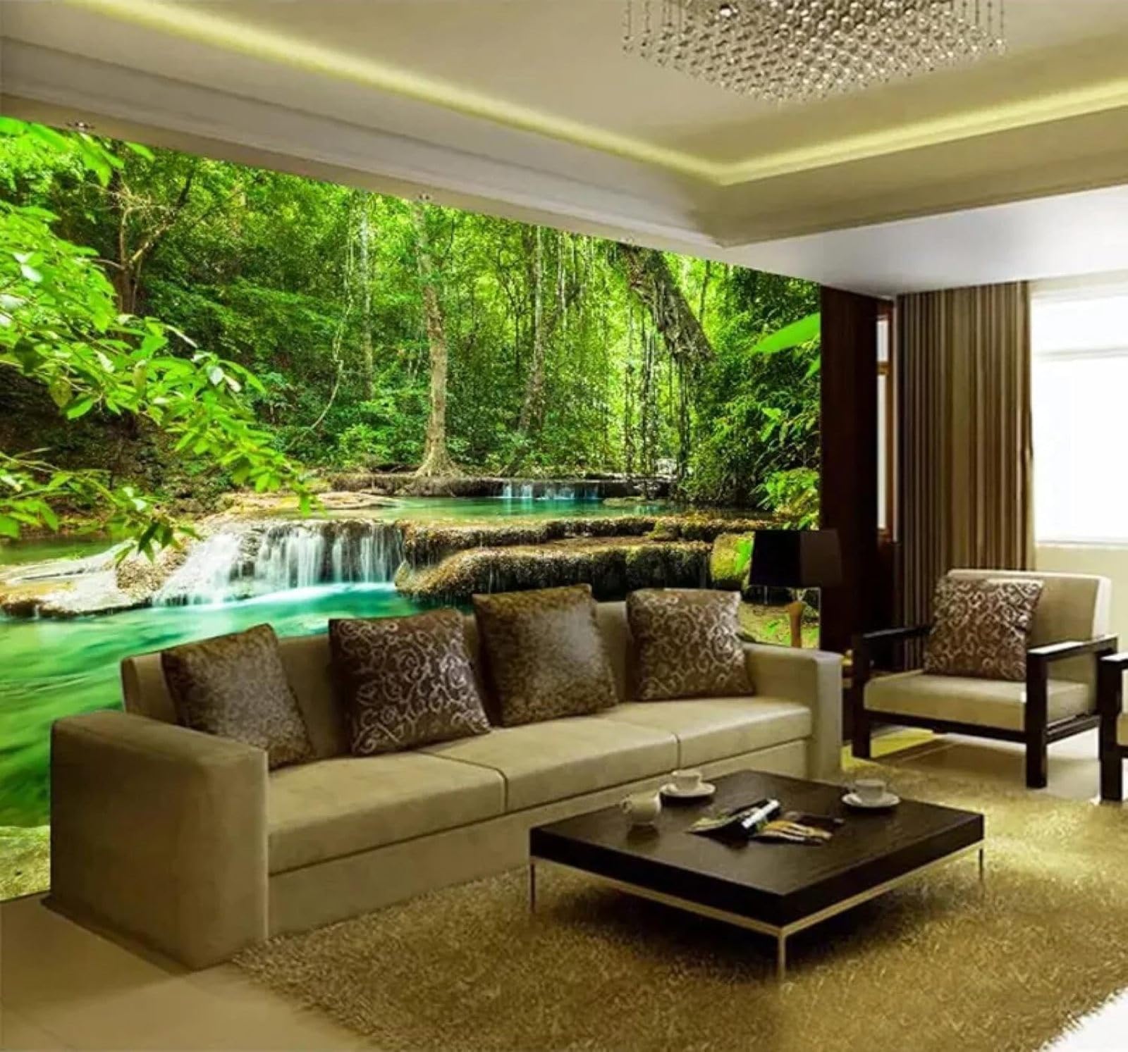 XLMING Large Green Forest Flowing Water Fairyland 3D Wallpaper Luxury Home Dining Decor Paste Sofa Living Room The Wall for Bedroom Mural-300cm×210cm
