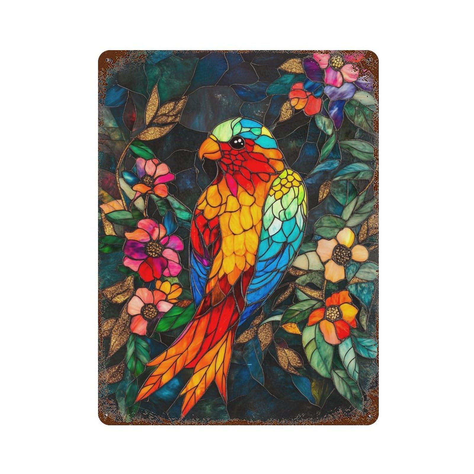 Garage Style Rainbow Parrot Stained Glass Panel Distressed Metal Wall Sign 15.7"x11.8", Rustic Home Decor for Bar And Workshop