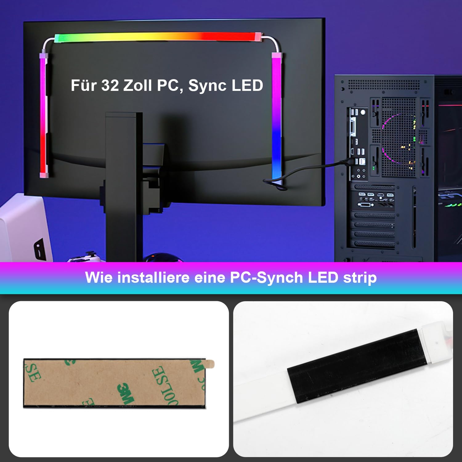 Sonnewelt Striscia LED neon RGBIC Gaming PC Monitor Retroilluminazione USB RGBIC Striscia LED per PC da 32 pollici, Smart Gaming Light con controllo app skydimo, sincronizzazione per giochi, musica,