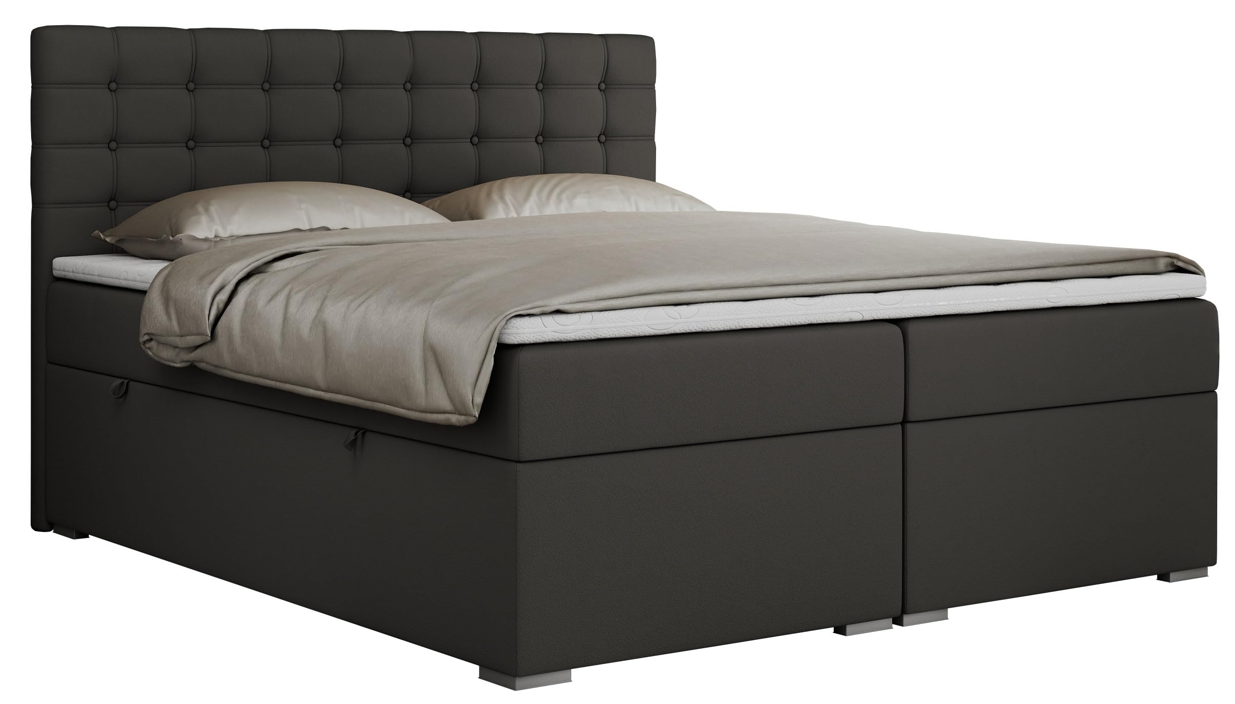 MKS MEBLE Boxspringbett Grau 200x200 Mit Bettkasten Und Multipocket-Matratze H3 - Mit Kopfteil Und Topper - Dunkelgrau Kunstleder Susan