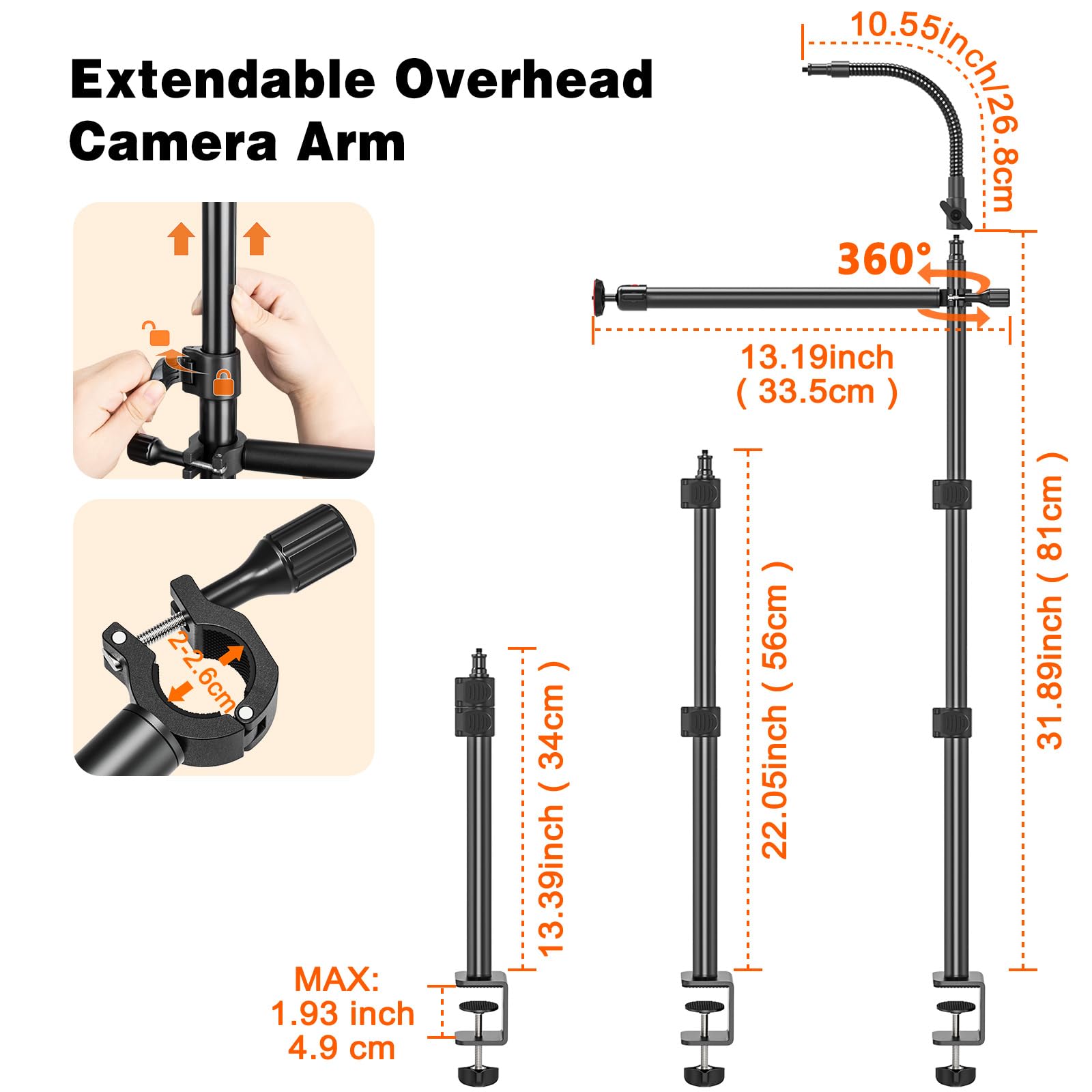 Supporto da tavolo per fotocamera con collo di cigno flessibile, 34-108 cm, con braccio flessibile e testa a sfera da 1/4" per DSLR, luce ad anello, Live Streaming, riprese video