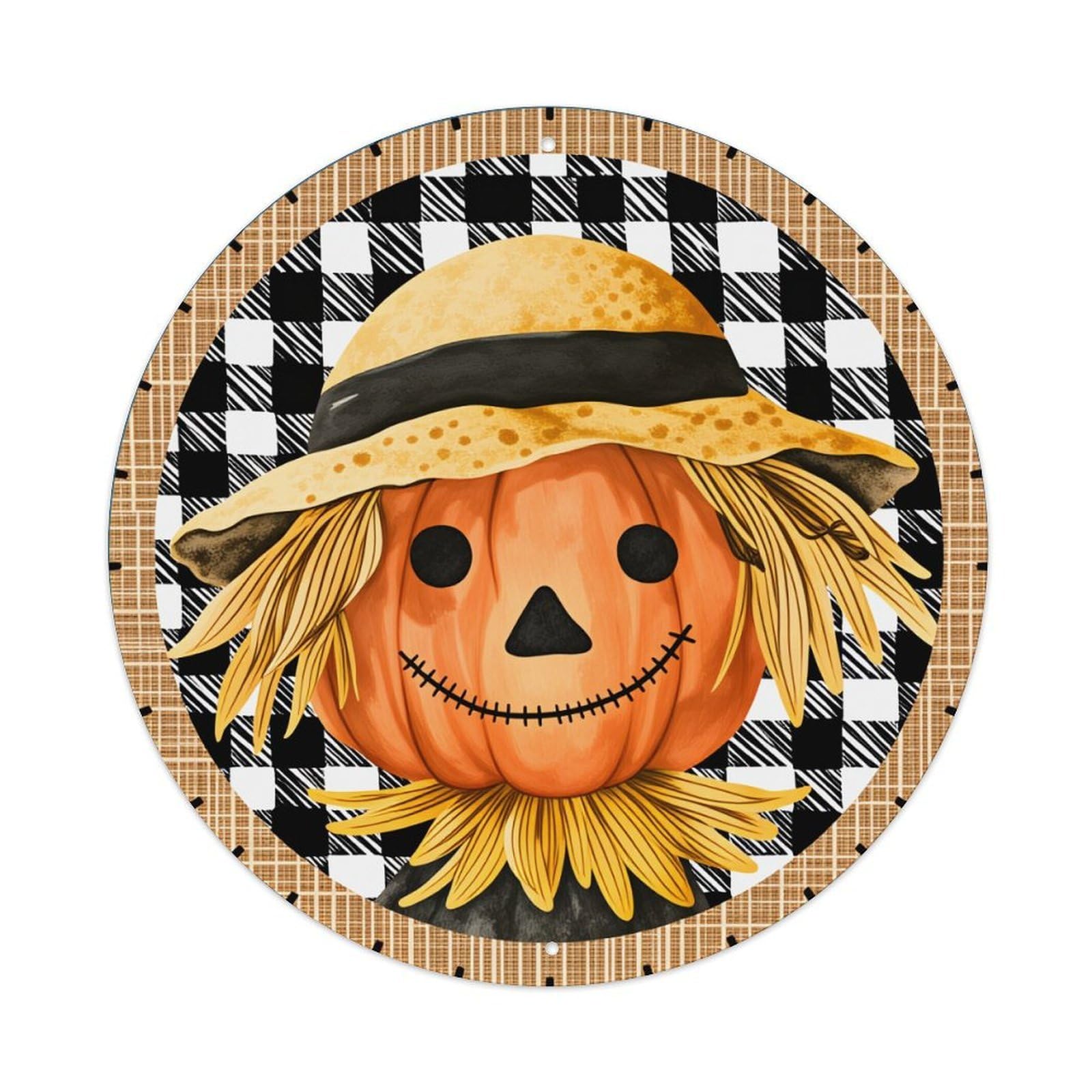 Pumpkin Scarecrow Hat Checkered Background Round Tin Sign Vintage Metal Poster Retro Bar, Home, Man Cave, Kitchen, Laundry Room Wall Art Decor Gift 8x8In