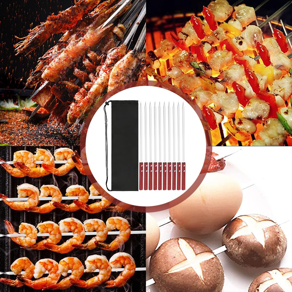 Brochette Inox 35cm Pic à Brochette avec Manche en Bois Réutilisable Résistante à la Chaleur Barbecue 10 Pièces