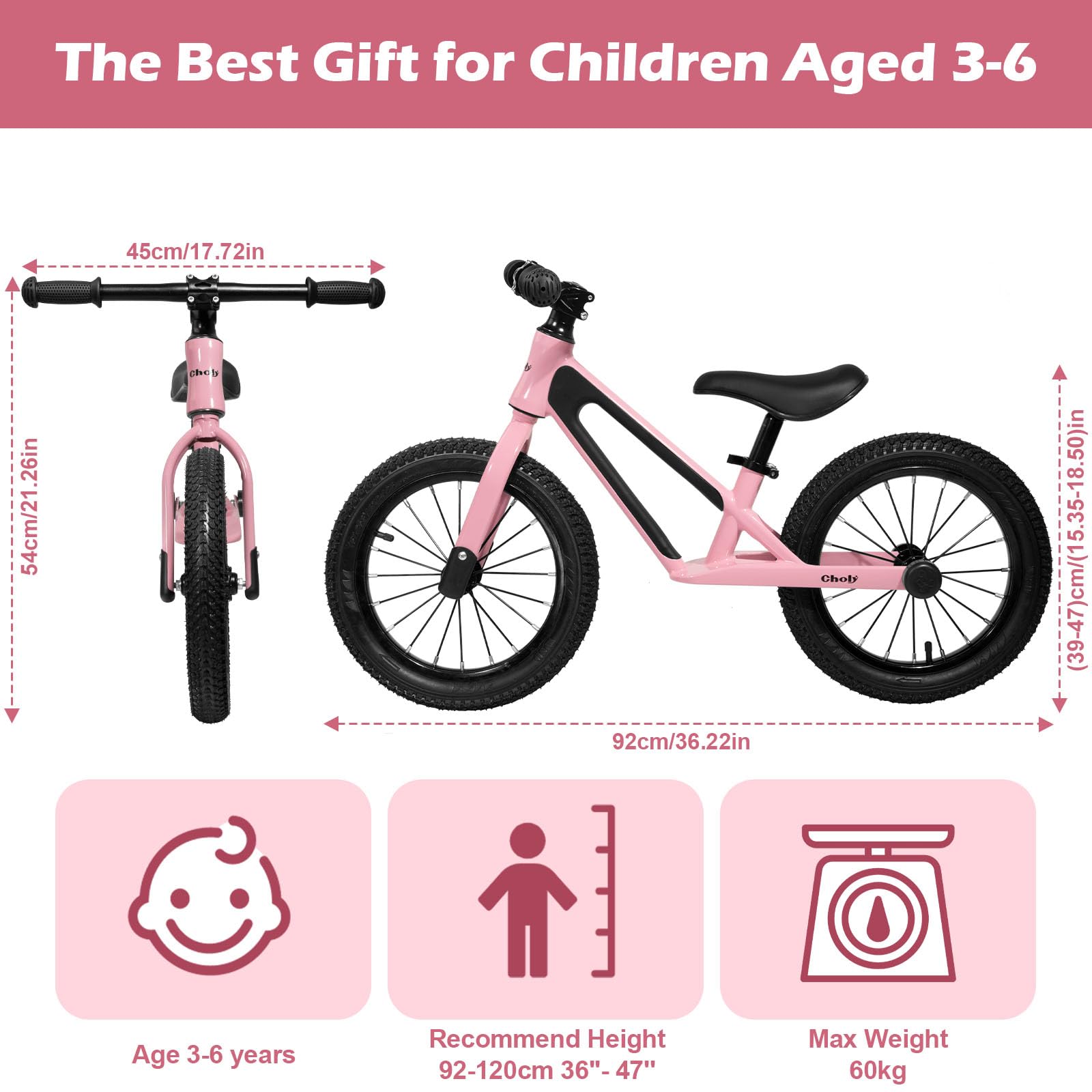 CHOLY Vélo sans pédales 14 pouces pour enfants 3-6 ans, siège réglable, pneus pneumatiques, cadre en alliage de magnésium
