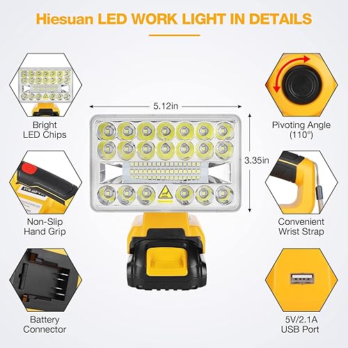 Miniatura 4 de Luz de trabajo LED para batería Dewalt de 20 V, 18 W, 2000 lm, linterna portátil, luz al aire libre con puerto USB de 5 V 2.1 A para reparación
