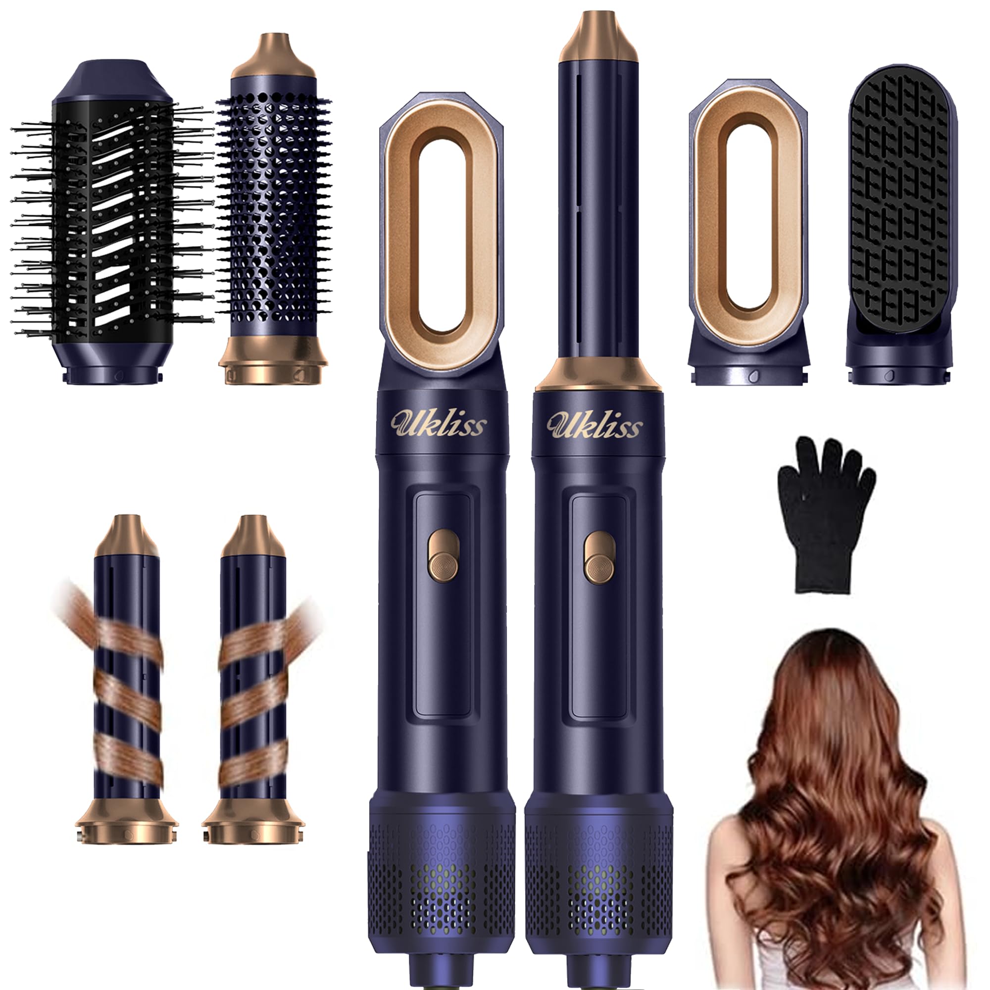 UKLISS 6 in 1 Hairstyler & Haartrockner, Haarstyler Set mit Warmluft Lockenbürste Automatisch, Hair Dryer, Rundbürstenföhn, Warmluftbürste, Haarföhn, Geschenke für Frauen Haarstyling - Blau