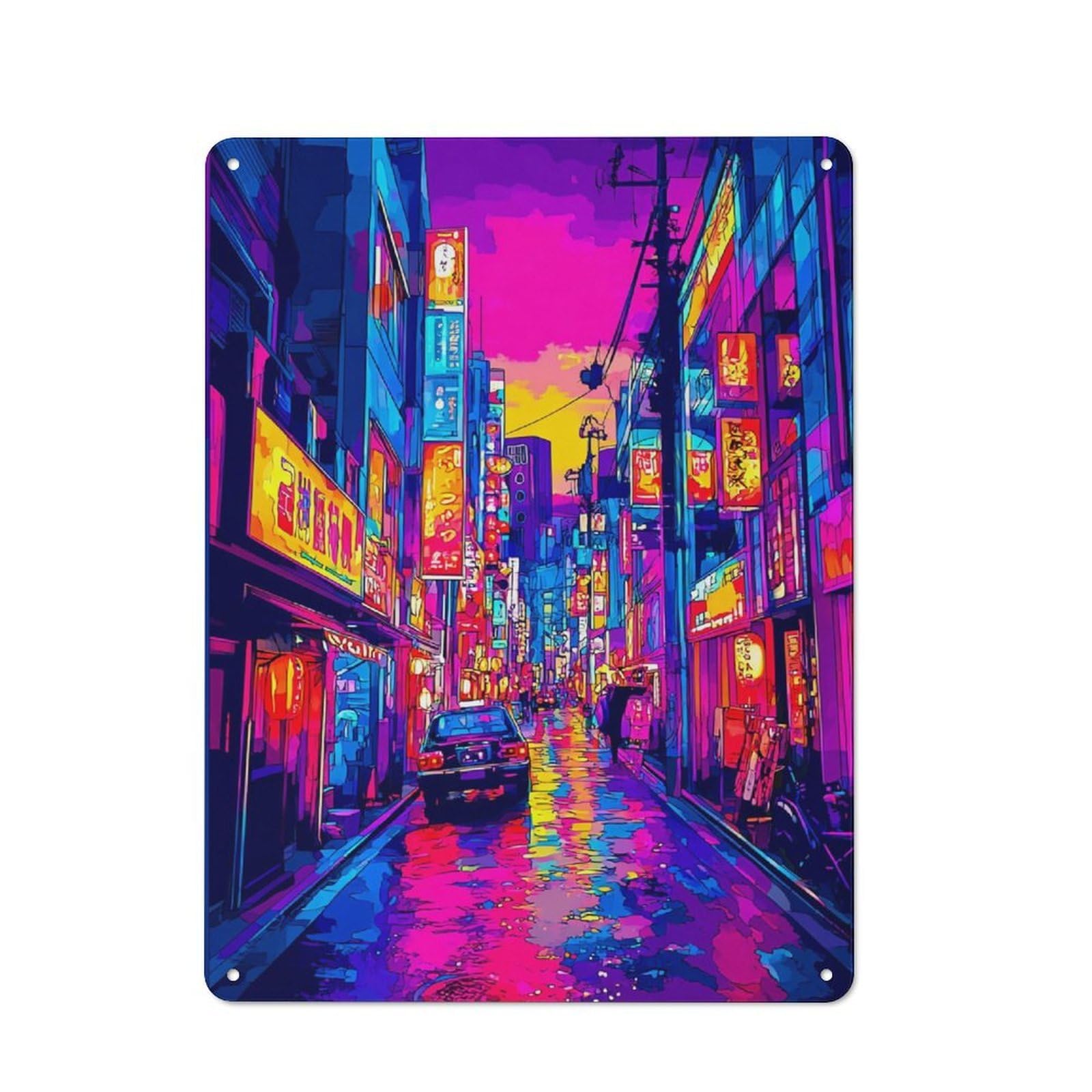 Vibrant Neon Street Scene Classic Metal Wall Decor 40x30cm, Decorative Tin Plaque for Cafe, Pub, Workshop Or Home Bar