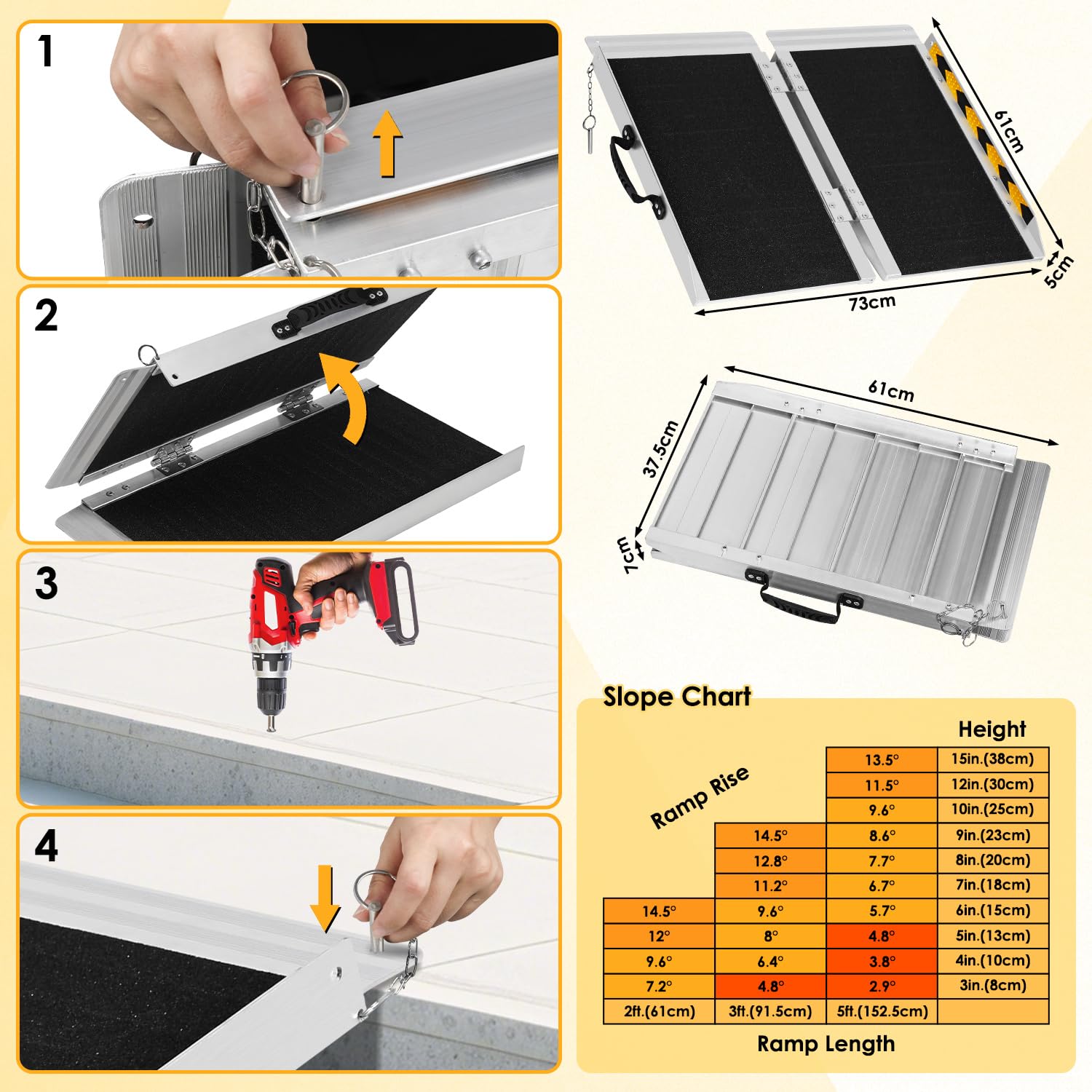 Rampa plegable de aluminio para silla de ruedas de 61 x 73 cm, rampa plegable de aluminio de hasta 270 kg, rampa antideslizante para silla de ruedas, andador, escalones y umbrales de puerta