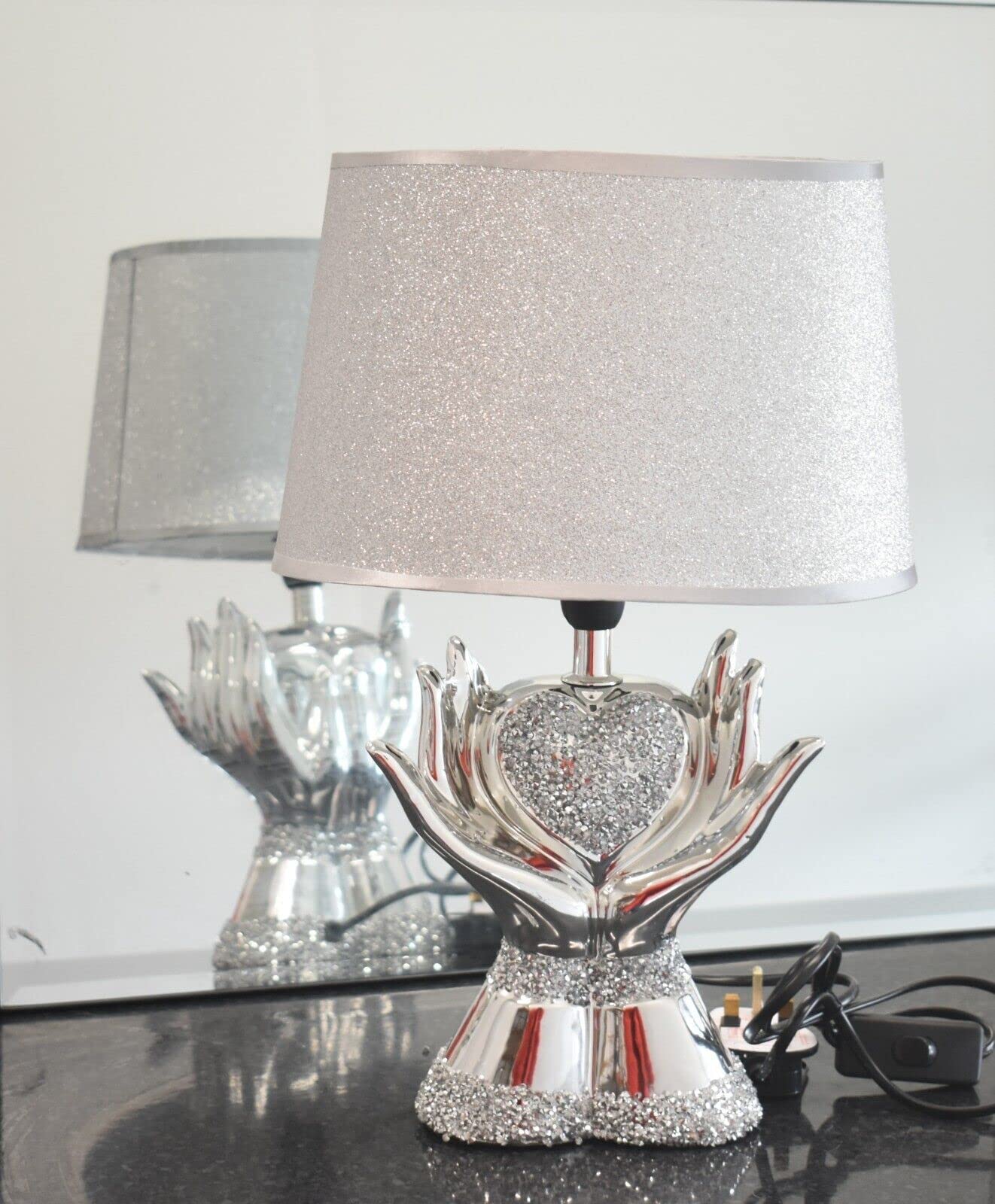 Biznest New Crushed Diamond Silver Ceramic Bling Table Lamp Home Heart In Hand Style Shade from B&Q