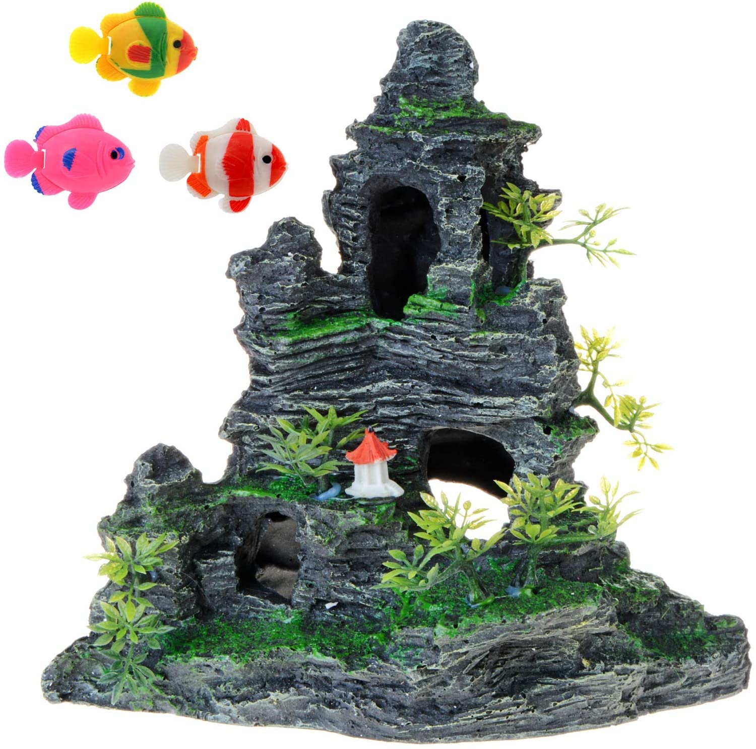 Toolzia Fish Tank Large Rocks Ornaments, Aquarium Rock Thematic Decorations Fish Tank Fake Rockery Ornaments Accessories With 3 Fake Fish Ornament