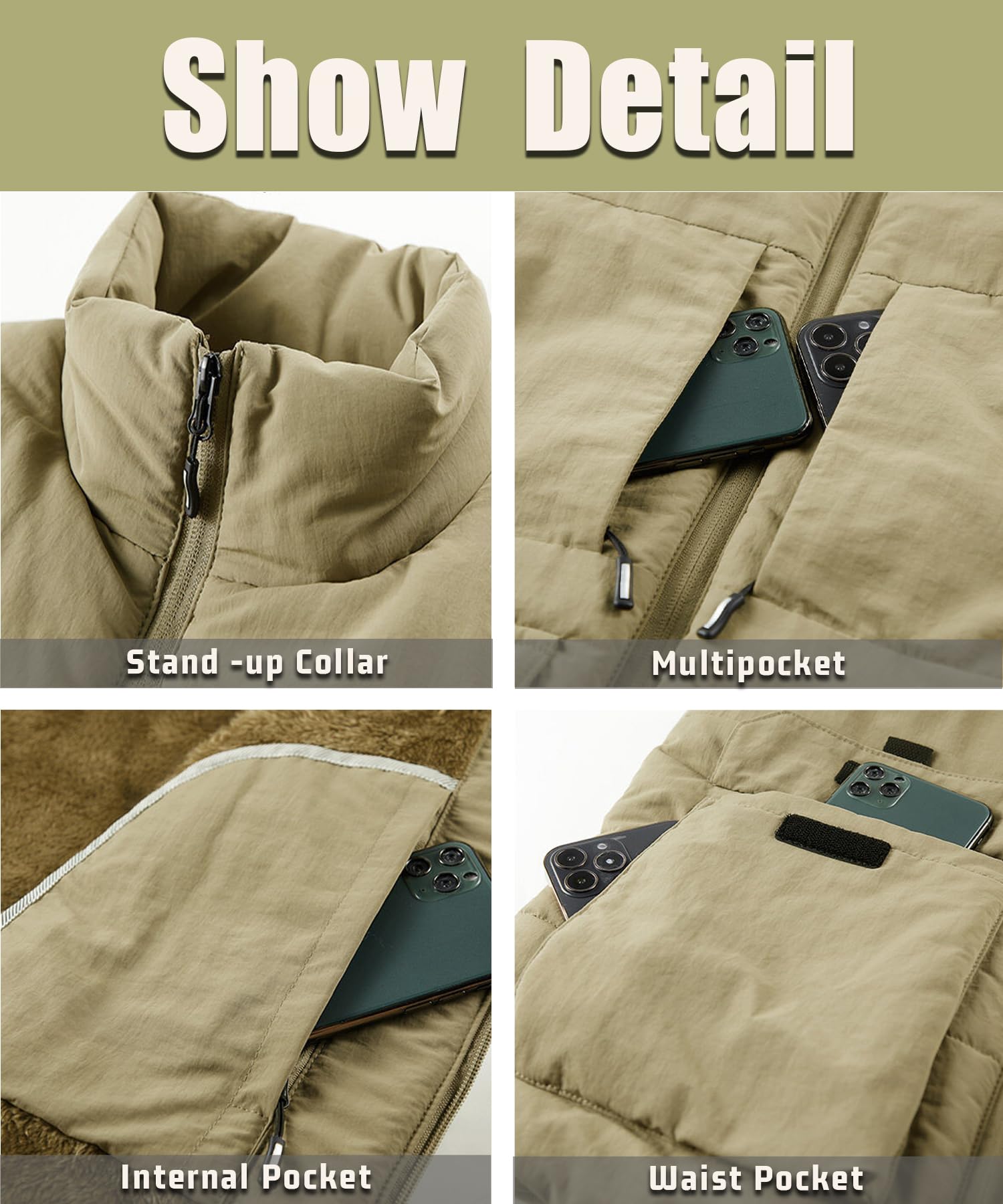 Chaleco de Forro Polar para Hombre Otoño Invierno Cálido Chaqueta Sin Mangas Chalecos de Trabajo Acolchado con Múltiples Bolsillos Bodywarmers Abrigo a prueba de viento