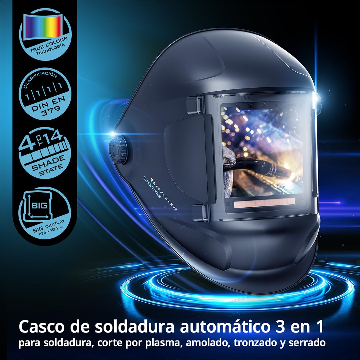 STAHLWERK Casco de Soldadura automático 3 en 1 Titan – True Colour, oscurecimiento automático DIN 4-14, Memoria de Trabajos, Clase óptica 1/1/1/1, Campo de visión 104 x 104 mm, Pantalla de Soldadura
