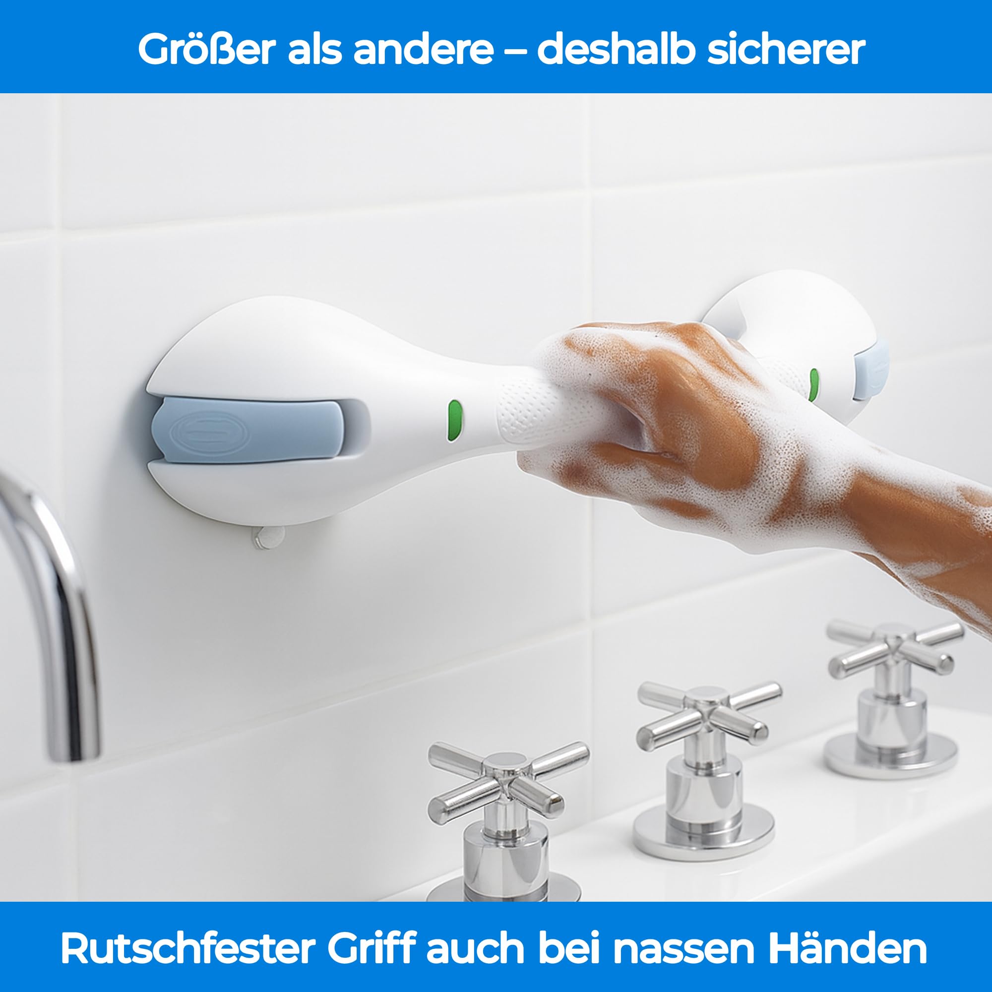 INNOVATIVER Haltegriff Dusche ohne Bohren – Rutschfeste Aufstehhilfe bis 120 kg – 44 cm Duschgriff mit Saugnapf – Stabiler Haltegriff für Bad & Dusche – Badewannengriff ideal für Senioren