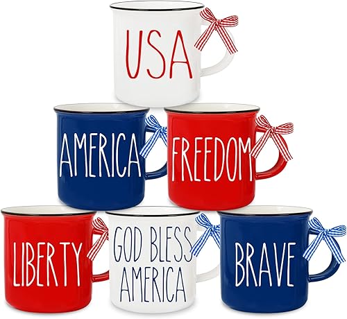 Whaline 6 mini tazas de café patrióticas con cinta a cuadros, rojo, azul, blanco, mini tazas para beber God Bless America, bandeja patriótica con