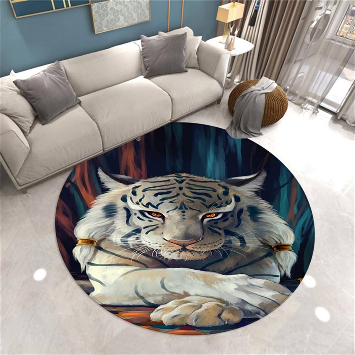 Tapis rond tigre blanc 120cm résout sol glissant salon
