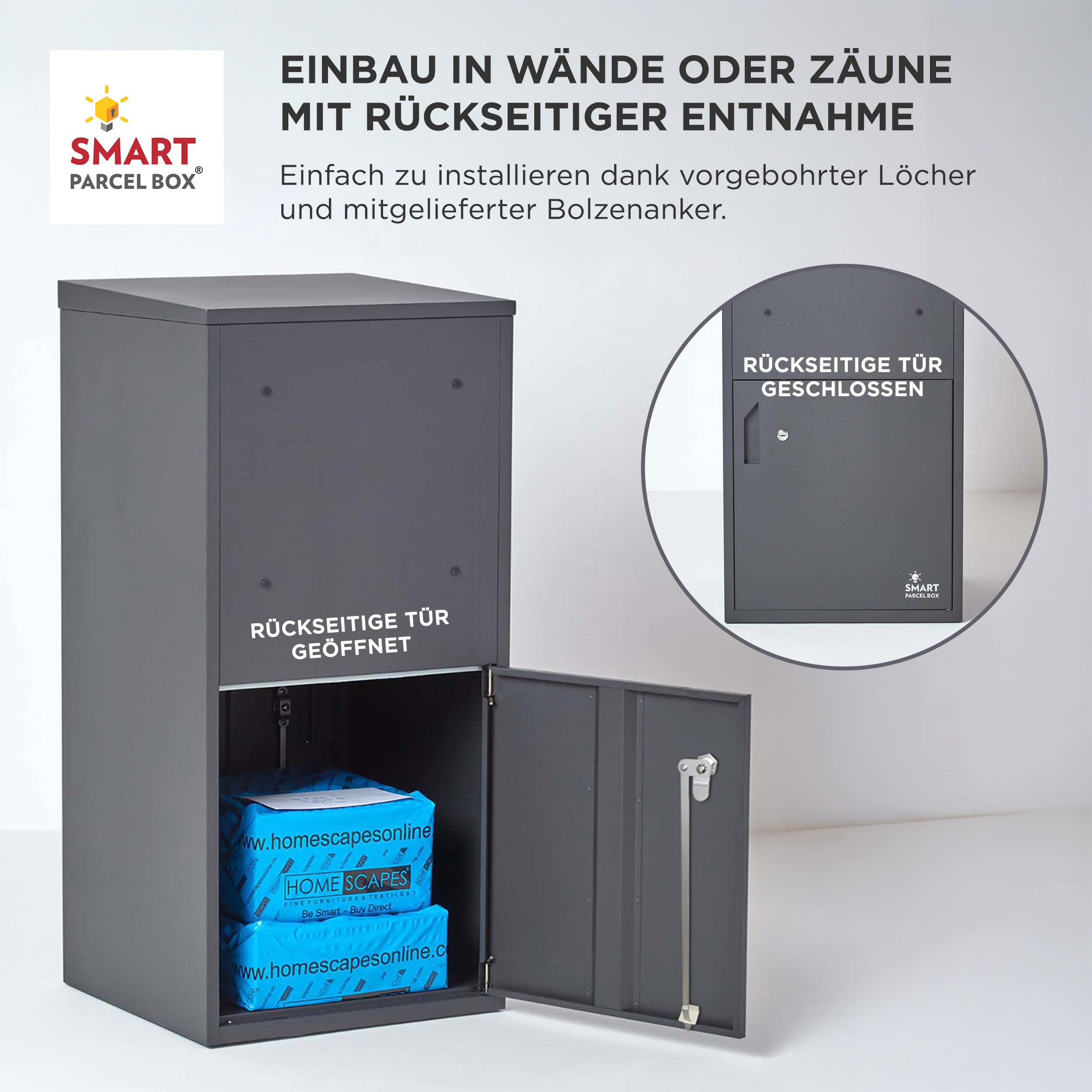 Smart Parcel Box Paketbox XXL - Paketbriefkasten wetterfest, grau | Briefkasten mit Paketfach draußen groß, Entnahme hinten & vorne, rostfrei, verzinkter Stahl, pulverbeschichtet