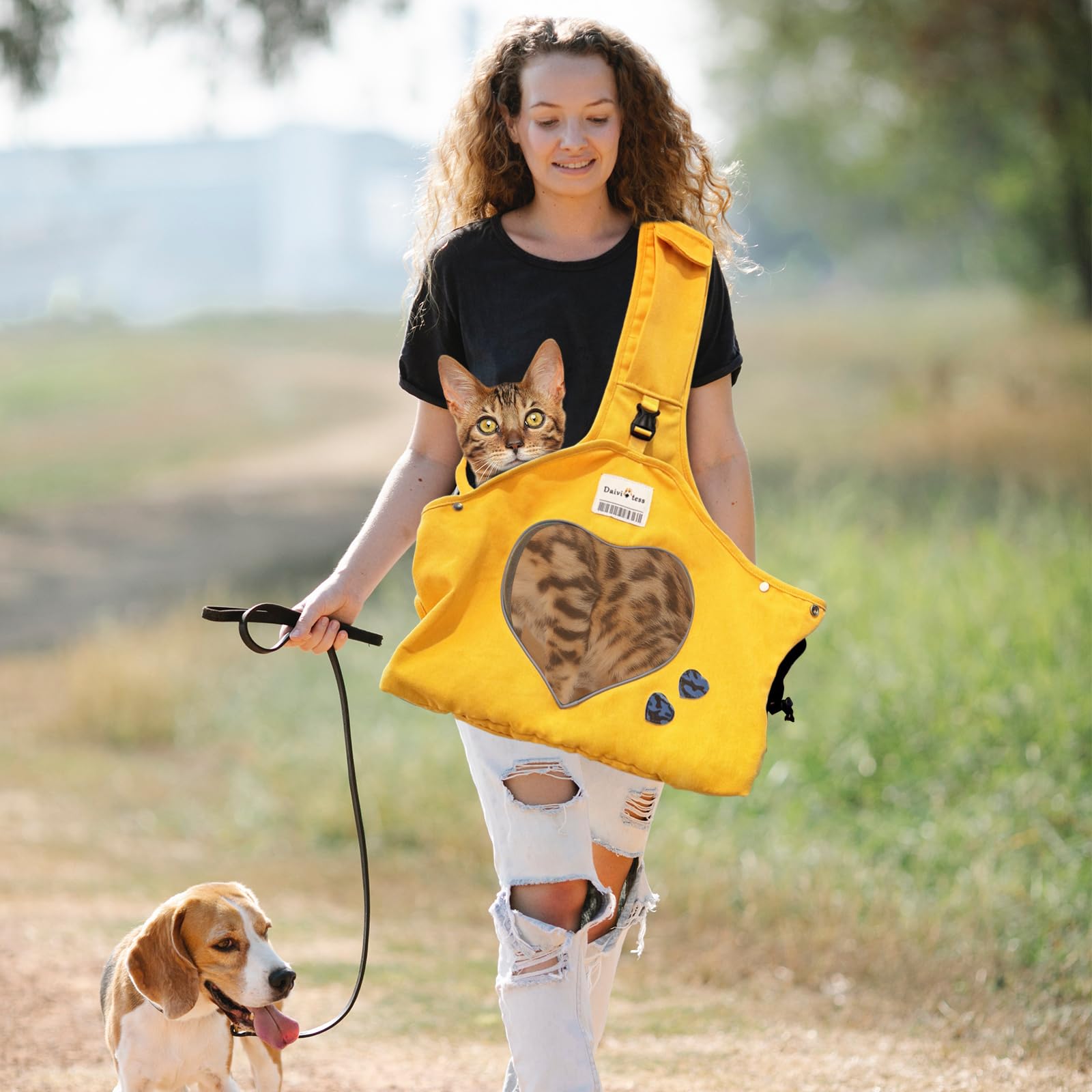 PETCUTE Borsa da trasporto per cani regolabile, tracolla ergonomica a mani libere per animali medi (10 kg max.) - Uso esterno/viaggio/metropolitana (giallo)