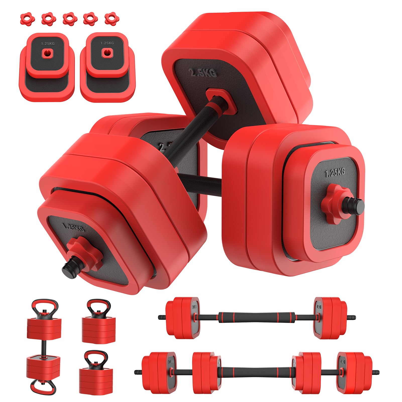 JOROTO Regulowany zestaw hantli 10 kg / 30 kg, hantle 4 w 1, sztanga, kettlebell i stojak push-up, 8 x 1,25 kg + 8 x 2,5 kg, żelazne talerze piaskowe, antypoślizgowy uchwyt, kompaktowy do domowej