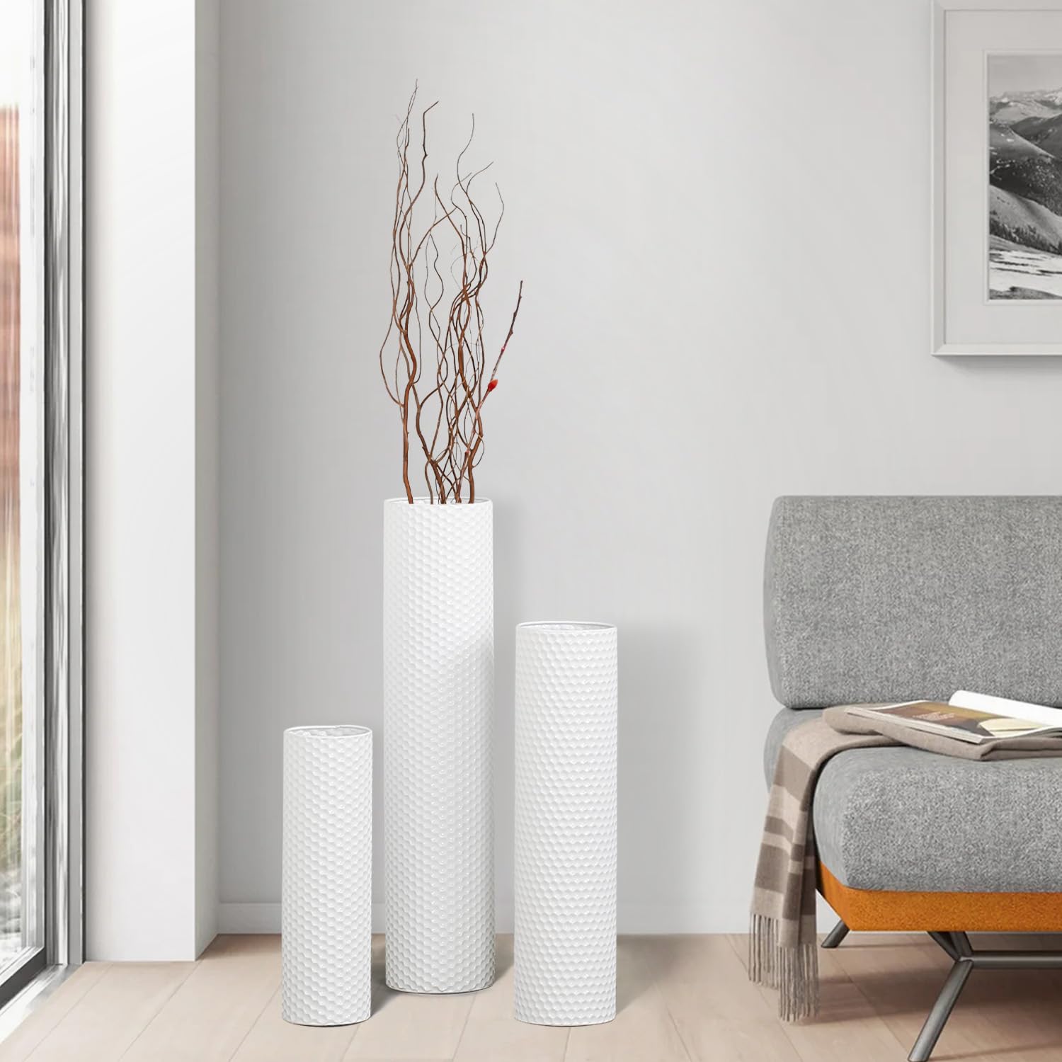 Dnnnii Juego de 3 jarrones – Jarrones altos cilíndricos de metal blanco, estructura moderna de panal, grandes jarrones de pie para salón (altura hasta 70 cm, decoración de habitaciones)
