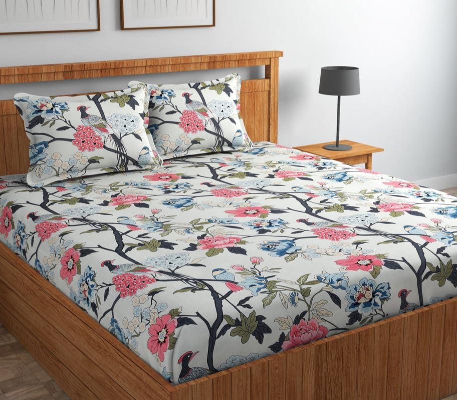 Image of Jashan Premium Glace Cotton Super Soft Fabric Elastic Fitted Bedsheets with 2 King Size Pillow Covers Double Bed with All Around Elastic 210 TC 3Pc Bedding Set Size - 72 King Sizex78+10 inches