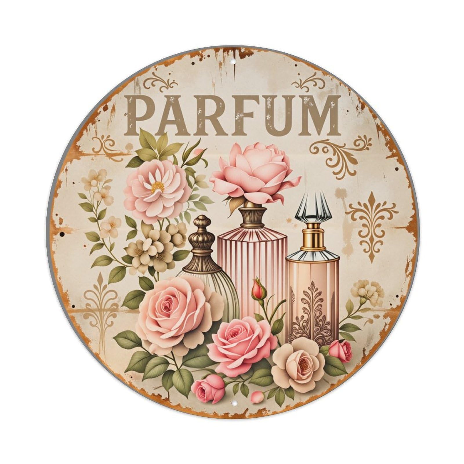 Floral Perfume Bottles Roses Vintage Round Tin Sign Vintage Style Metal Sign Home Bar Garden Wall Plaque Decor Metal Poster 8x8 Inch