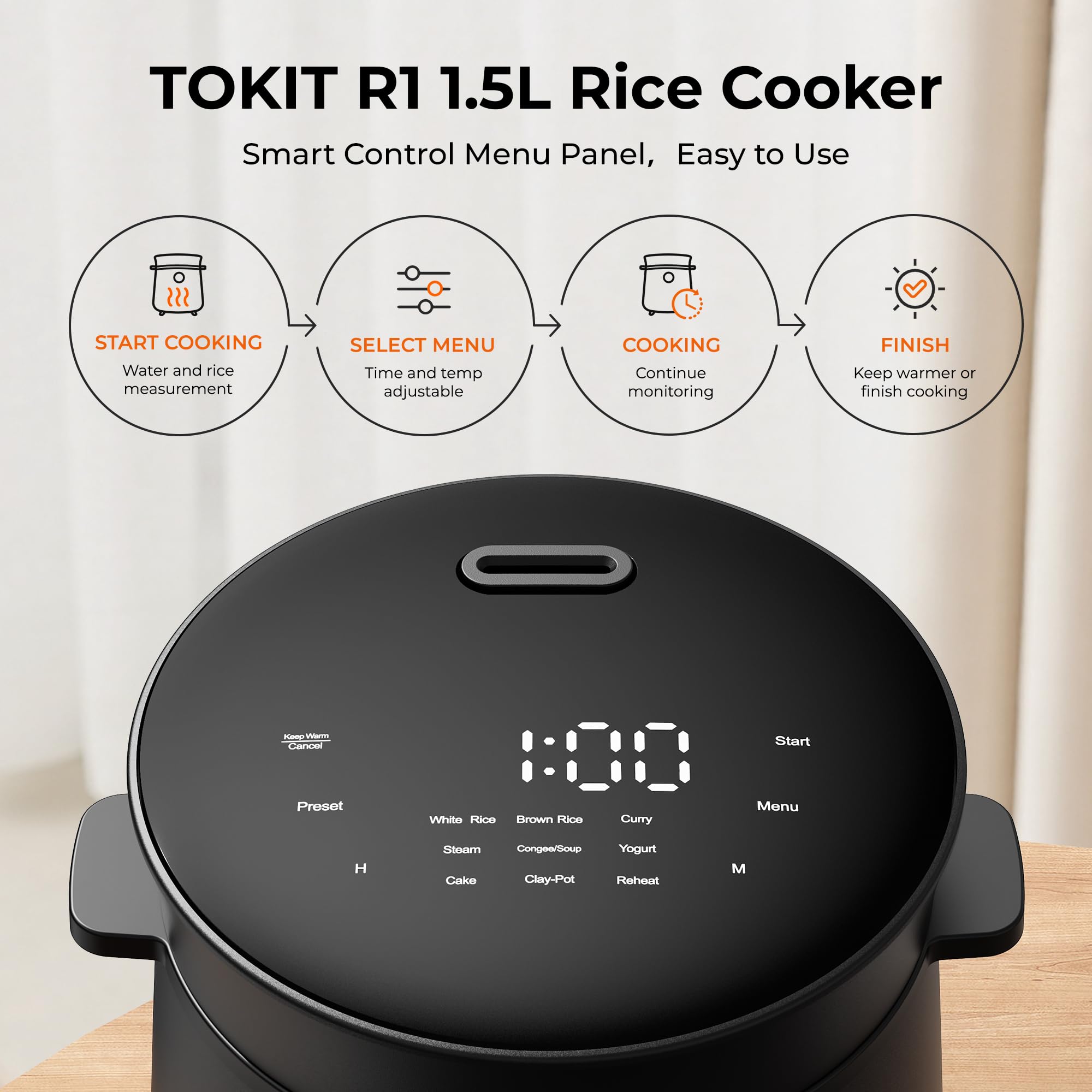 TOKIT 1,5L Reiskocher Klein für 1-2 Personen, Multikocher Mini Reiskocher mit Antihaftbeschichtetem Aus Edelstahl, 24-Stunden-Timerund Warmhalten, tragbar, 9 Funktionen für Braunen Reis, Dampf, Suppe