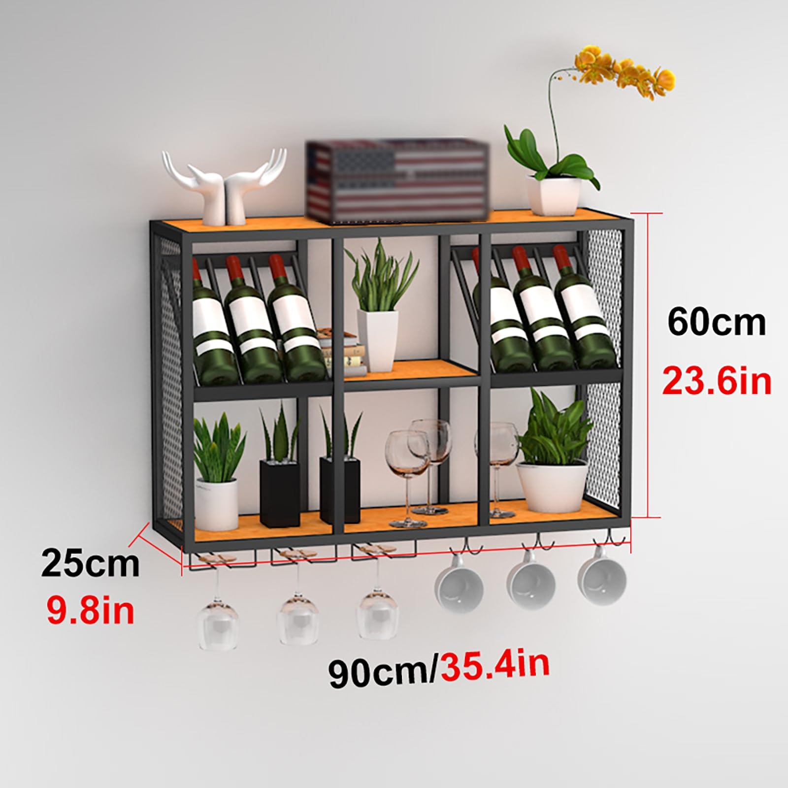 Industrialny ścienny stojak na wino z uchwytem na szklanki, żelazny stojak do przechowywania butelek wina, pływające półki barowe, wiszący stojak na kieliszki, metalowy organizer na butelki