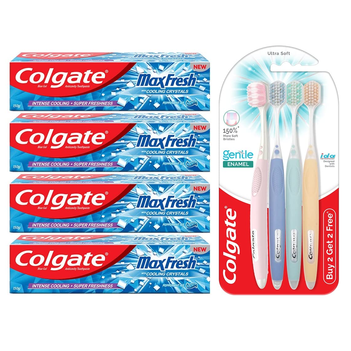 Maxfresh Toothpaste, Blue Gel Paste With Menthol For Super Fresh Breath, 600G, 150G X 4 (Peppermint Ice) With Gentle Enamel Ultra Soft Toothbrush - 4 Pcs (Buy 2 Get 2 Free)