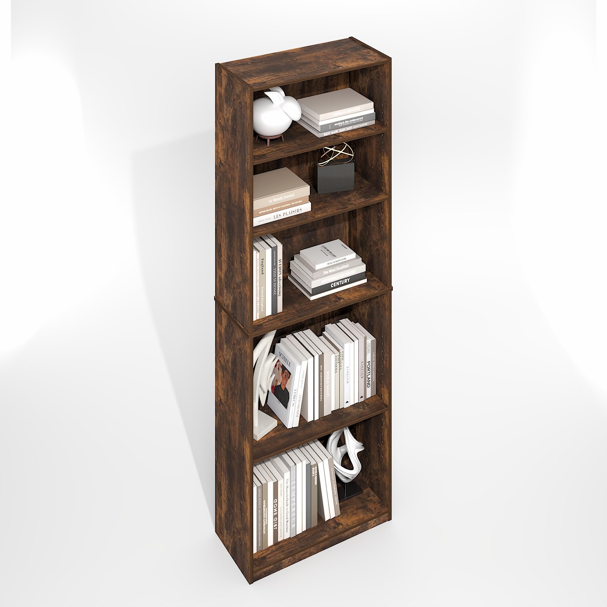 Furinno Jaya Simply Book Shelf, 5-Tier Bookshelf, Bookcase with Adjustable Shelves, 9.5 x 24.5 x 71.2, for Living Room, Bedroom, Home Office, Amber Oak
