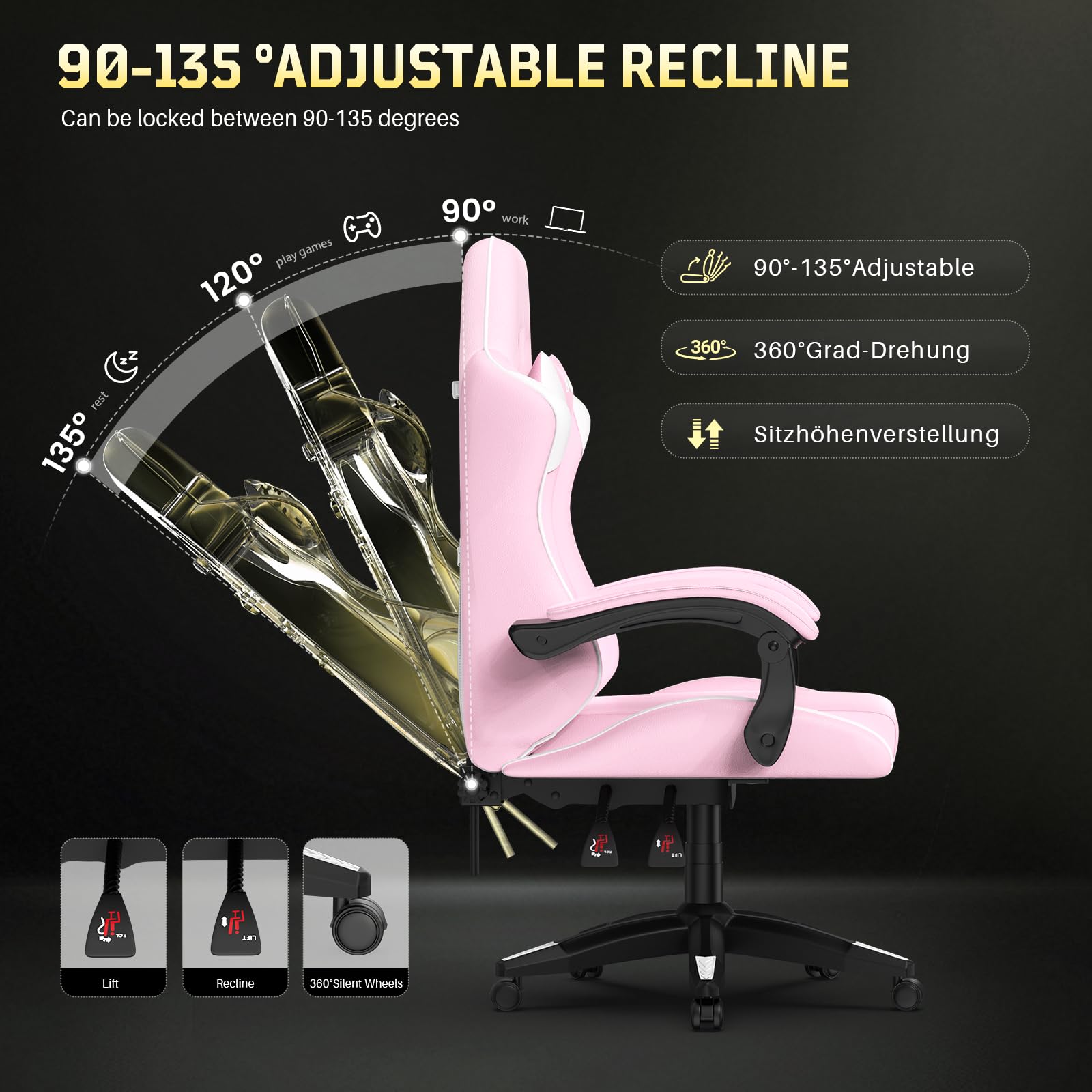 bigzzia Silla Gaming,Silla Ergonómica de Oficina en Cuero PU,Regulable en Altura con Soporte Lumbar y Reposacabezas,Respaldo Reclinable 155°,Silla Gamer Adulto Niño(Rosado)