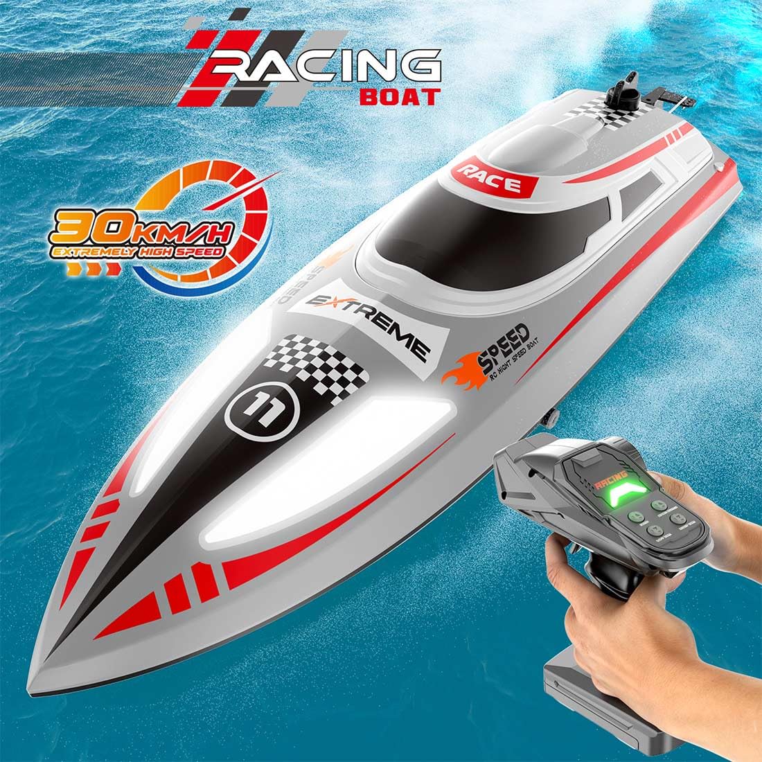 Barca telecomandata, 2,4 G impermeabile RC Speedboat con luci LED, 30 minuti di gioco, 30 km/h, barca da corsa RC per piscine e laghi (versione RTR/grigio)