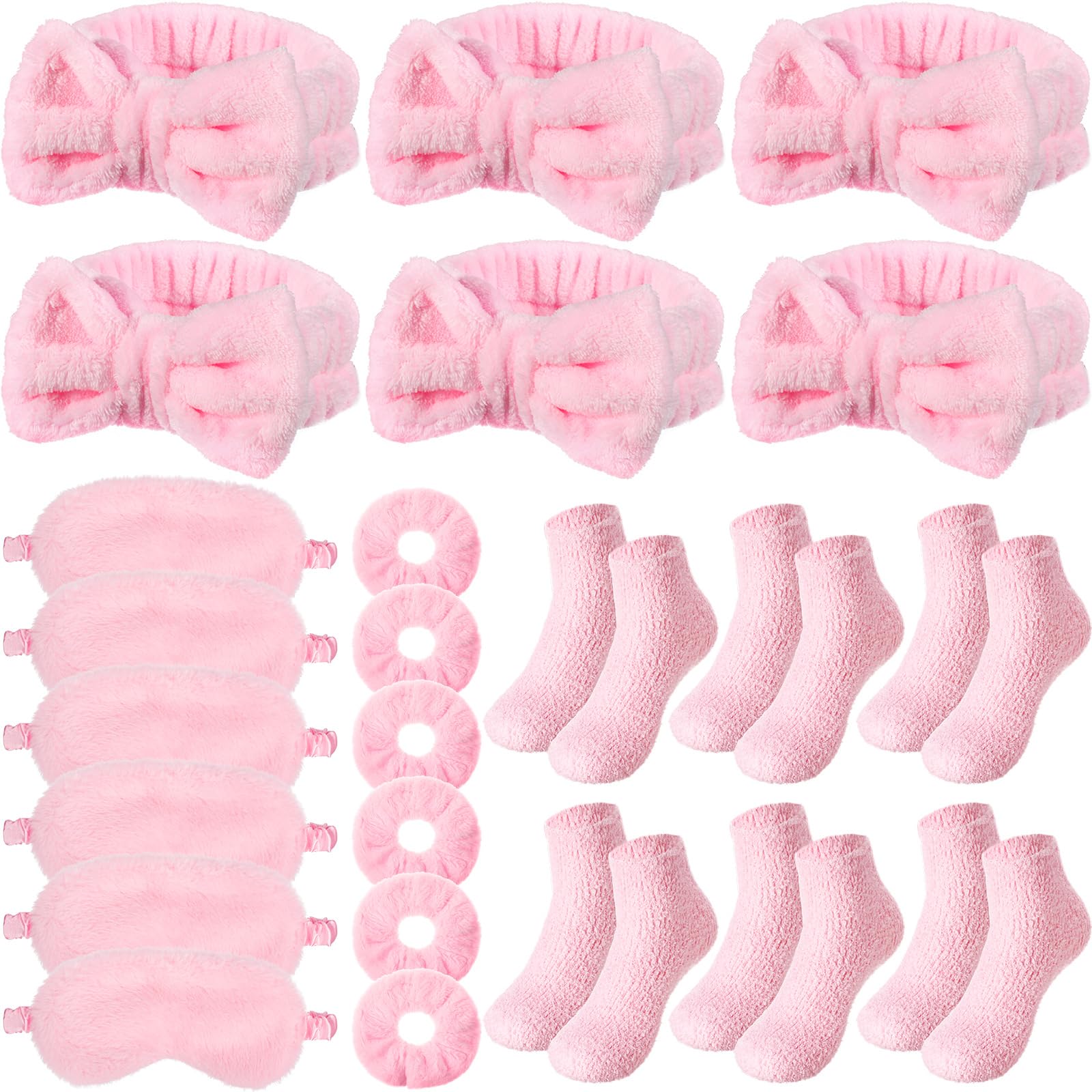 Shyyween 30 Pieces Galentine Spa Sleepover Party Supplies 6 Pink Bow Headband 6 Plush Sleep Eye Mask 6 Velvet Scrunchies 6 Pair Fuzzy Sock for Spa