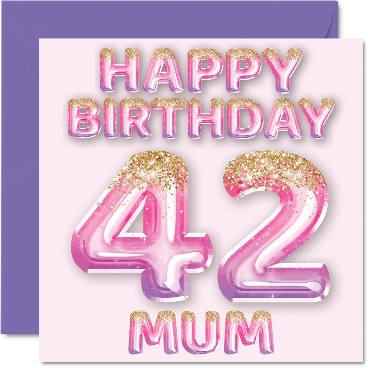 42nd Birthday Card for Mum, Pink & Purple Glitter Balloons