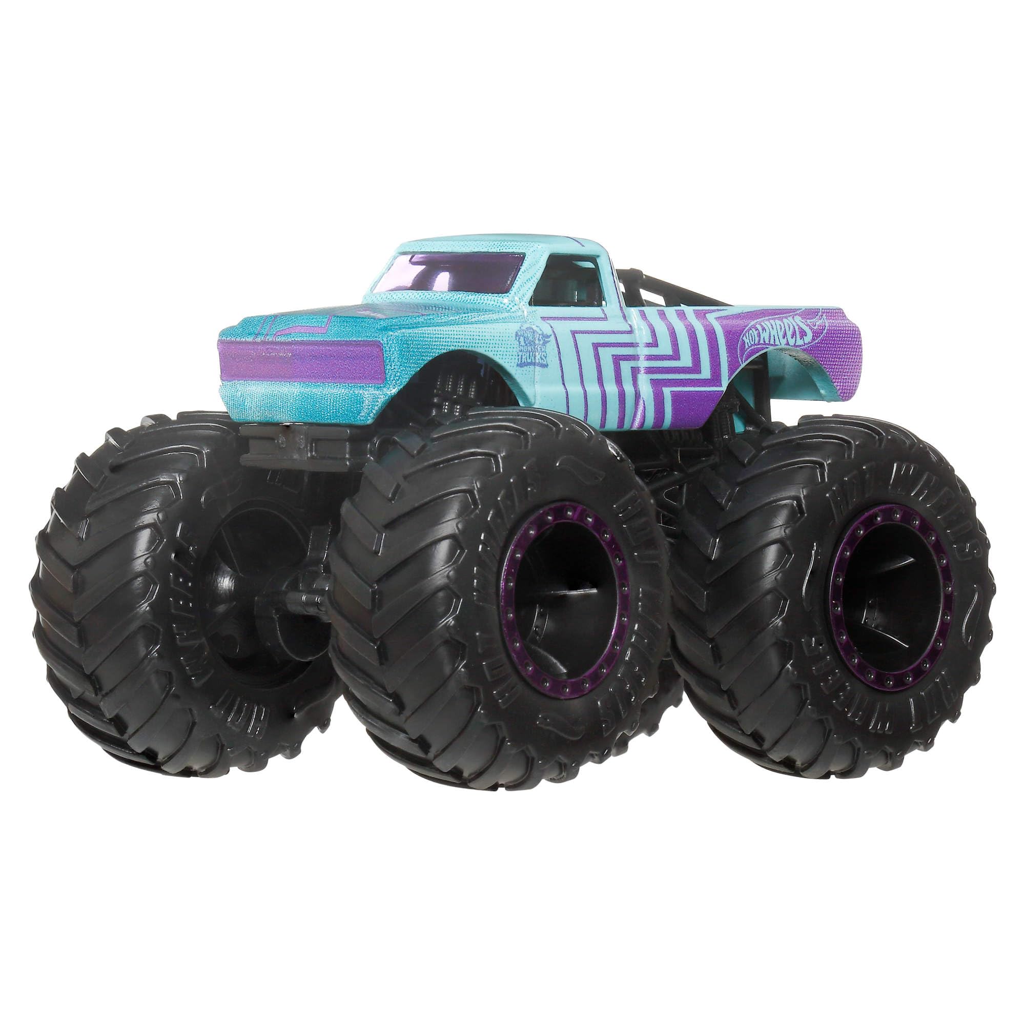 Hot Wheels - Set 4 Monster Trucks, confezione da quattro veicoli in scala 1:64 con ruote giganti e design da urlo, ispirati ai personaggi della serie, 3+ anni, JJT67
