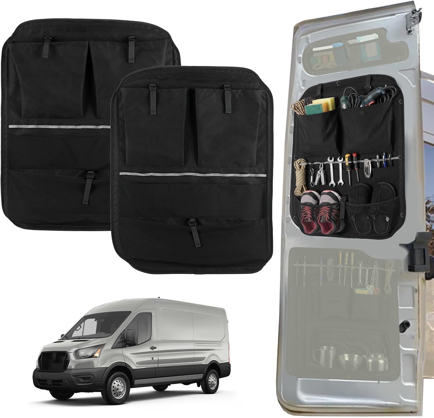 1 Pair Rear Door Storage Panels Compatible with 2015-2026 Ford Transit High/Mid Roof Van, 1680D Heavy Duty Oxford Fabric, Drilling Installation (Middle Panel)