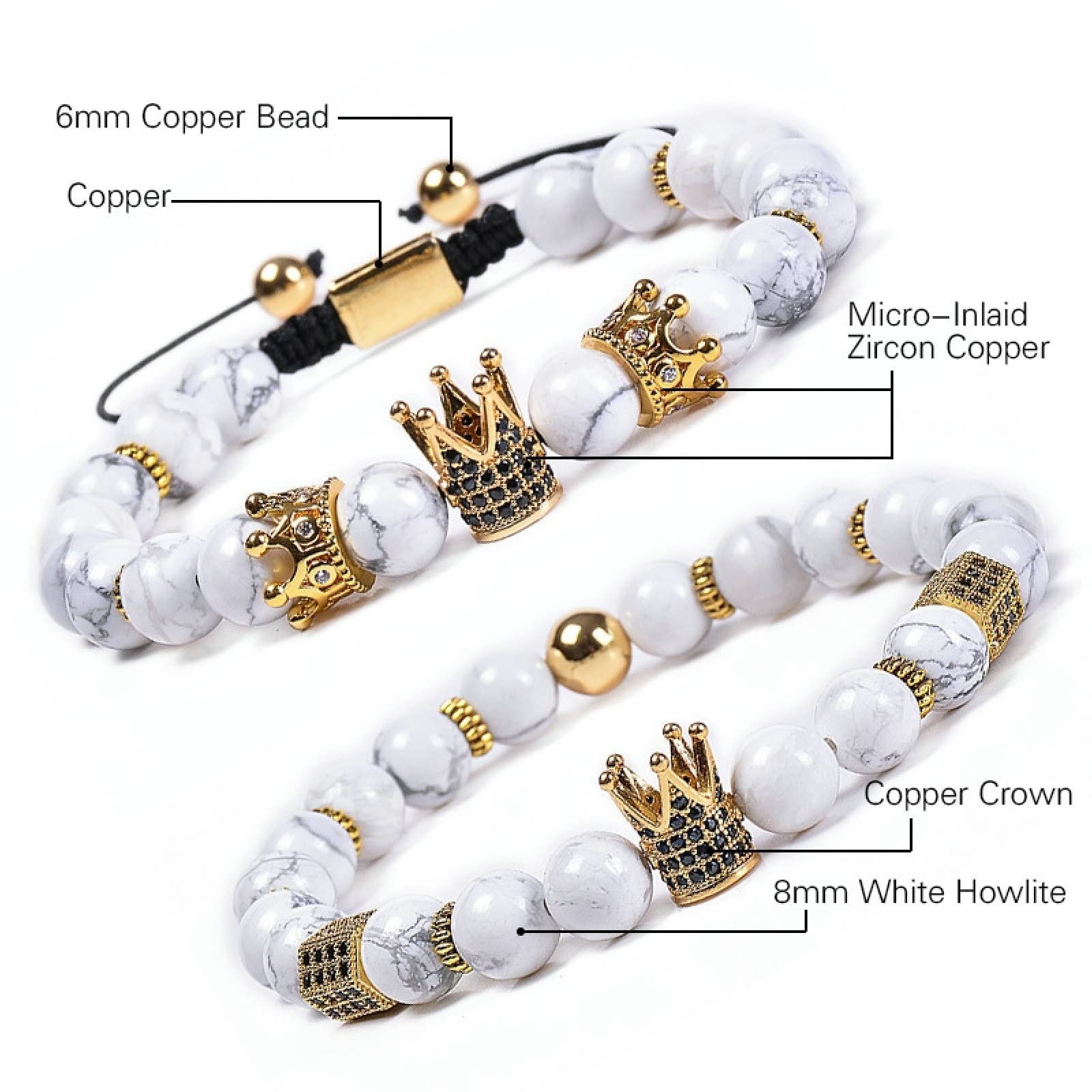Pulseras de Cuentas para Mujer, Pulsera de Piedra Turquesa de 8 mm con Corona, Pulseras Ajustables para Hombres de 18 cm