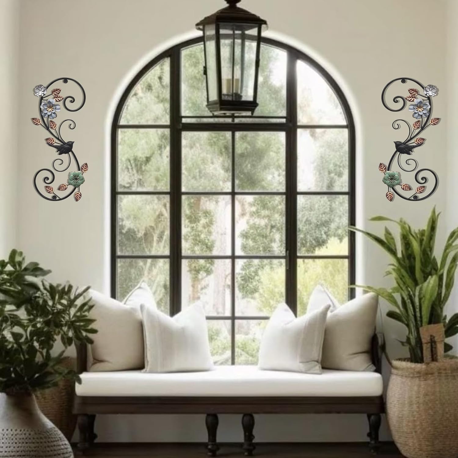 Birminwind 3D Metal Flower Wall Art: 2pcs Vintage Floral Wall Décor with Leaves Bird for Room - 15.16" Black and Gold Iron Decoration Indoor Outdoor
