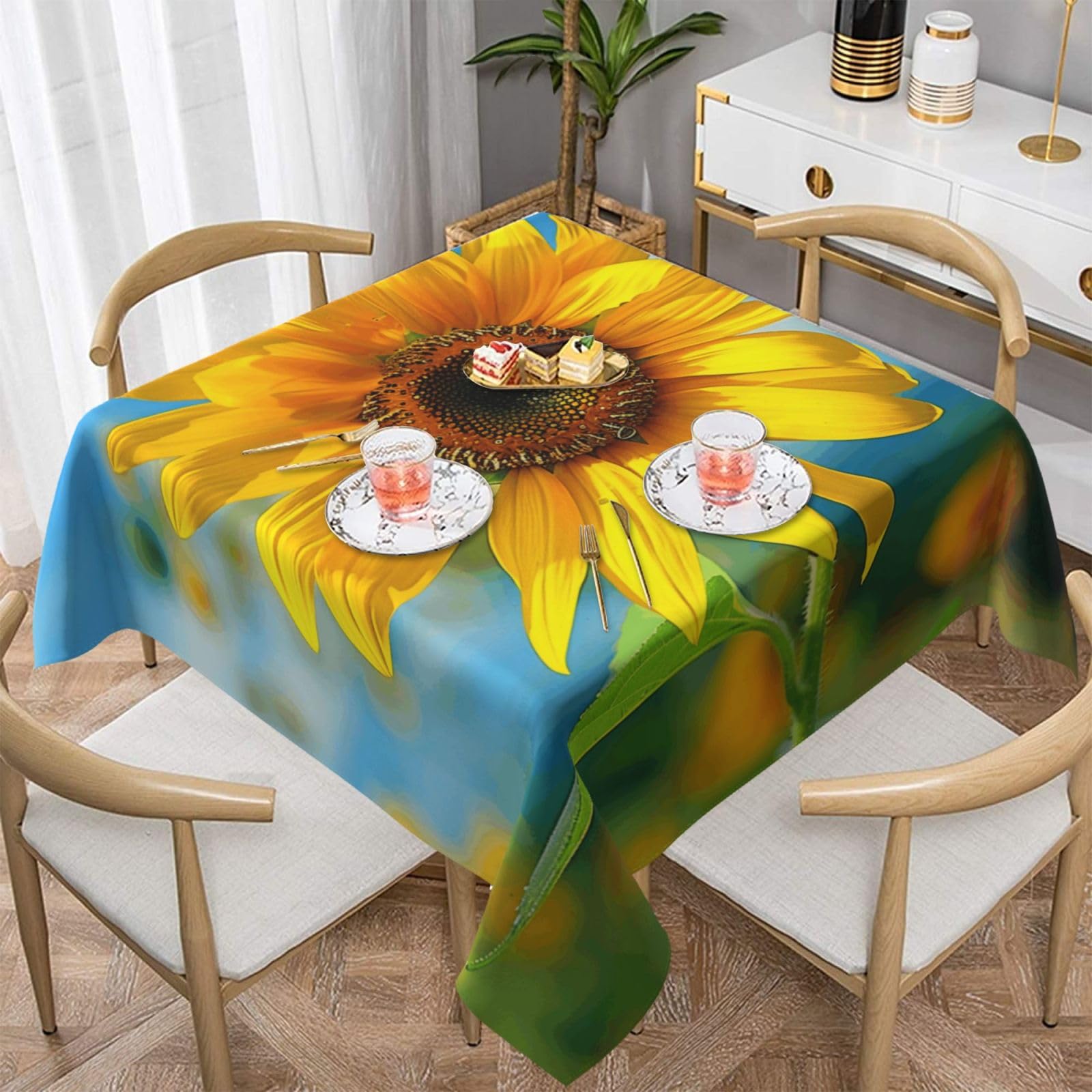WPKJU Beautiful Sunflower Printed Square Tablecloth 54x54 inch Water Resistant Table Cover Washable Rectangle Table Cloth for Dining Tables
