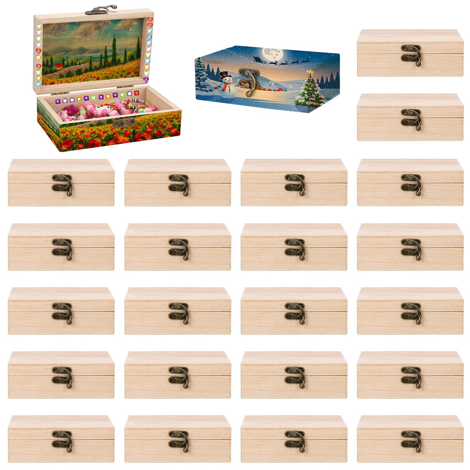 Hoemwarm 24 Pack Unfinished Wood Box with Hinged Lid, 6 x 4 x 2 Inch Storage Small Wooden Boxes for Craft Kids Christmas Gift Paint DIY Unpainted Jewellery Organizing Box Art Box, Home Storage Decor