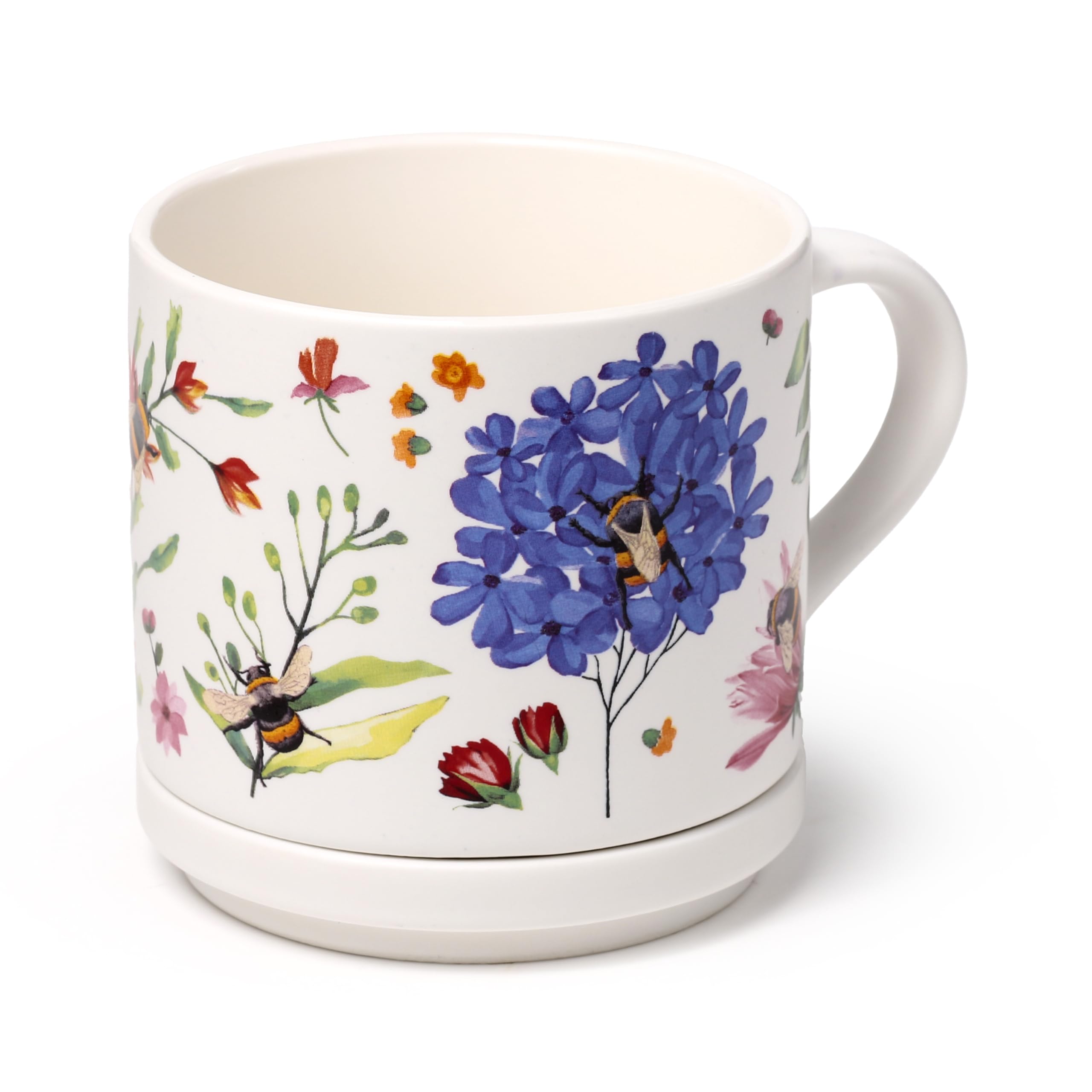 Puckator Set Tazza in Porcellana e Sottobicchiere/Coperchio 2 in 1 - Api & Fiori - Nectar Meadows, Confezione Regalo (Confezione da 2)