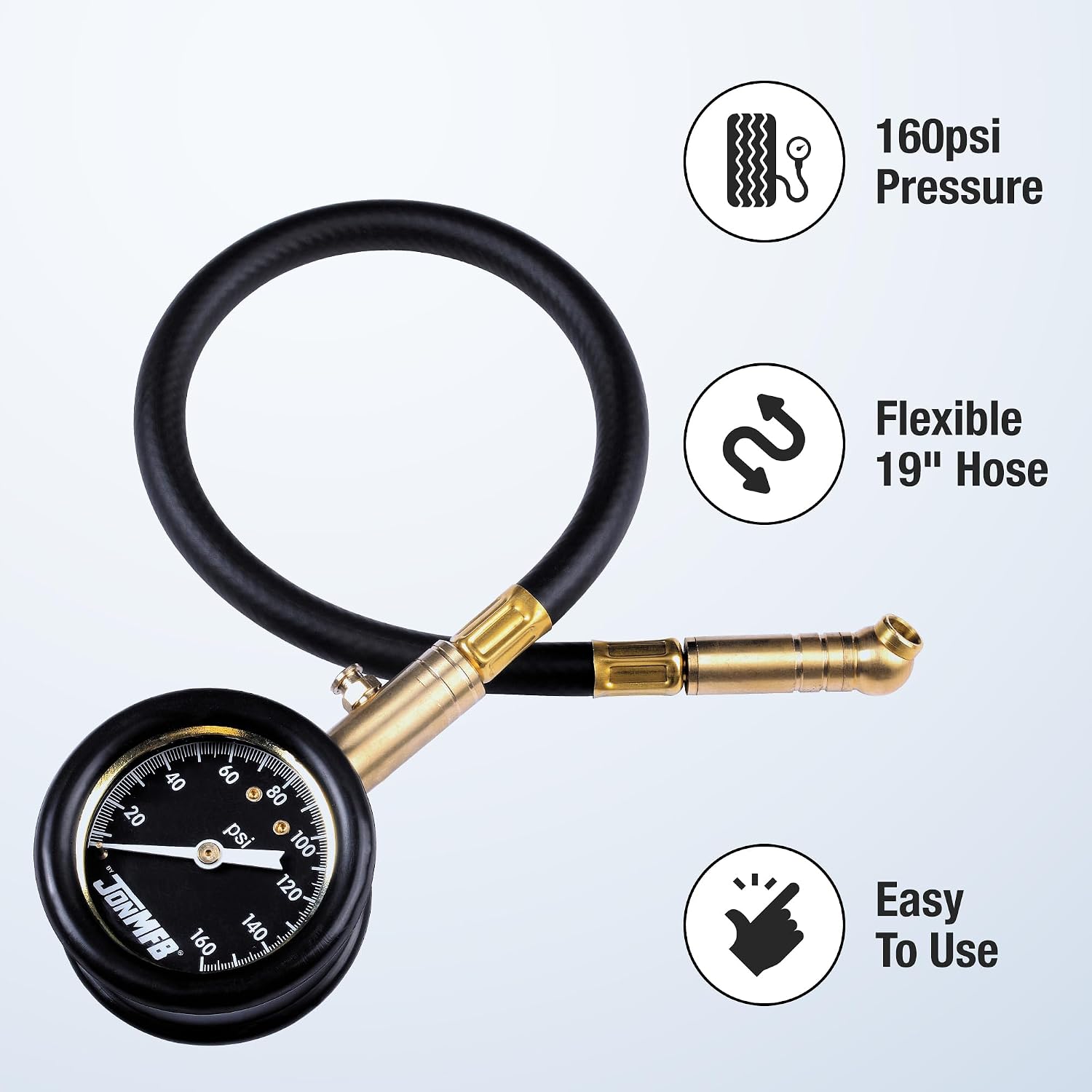 0-160 psi Analog Dial Tire Gauge with Extended Hose - Versatile Air Gauge for High Pressure Tires, Ideal for Semi Trucks, Dually, RV - Check Tire Pressure Monitoring Systems.