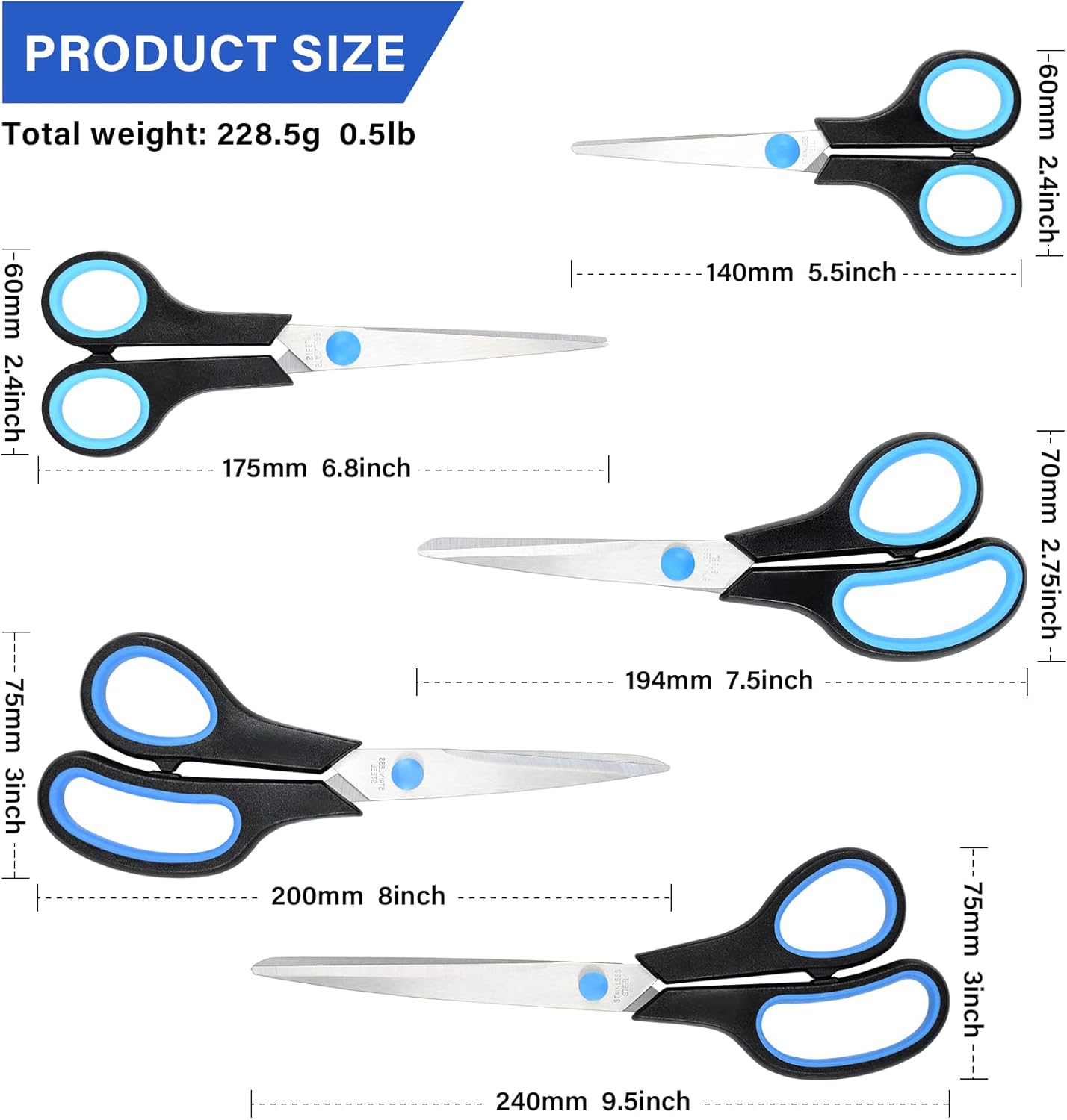 Multipurpose Sharp Scissors Set of 5, Premium Stainless Steel Blades, Comfort Grip Handles, Fabric Craft Scissors for Office School and Home, Right/ Left handed, 5.5/6.8/7.6/8/9.5inch (Black, Blue) : Arts, Crafts & Sewing