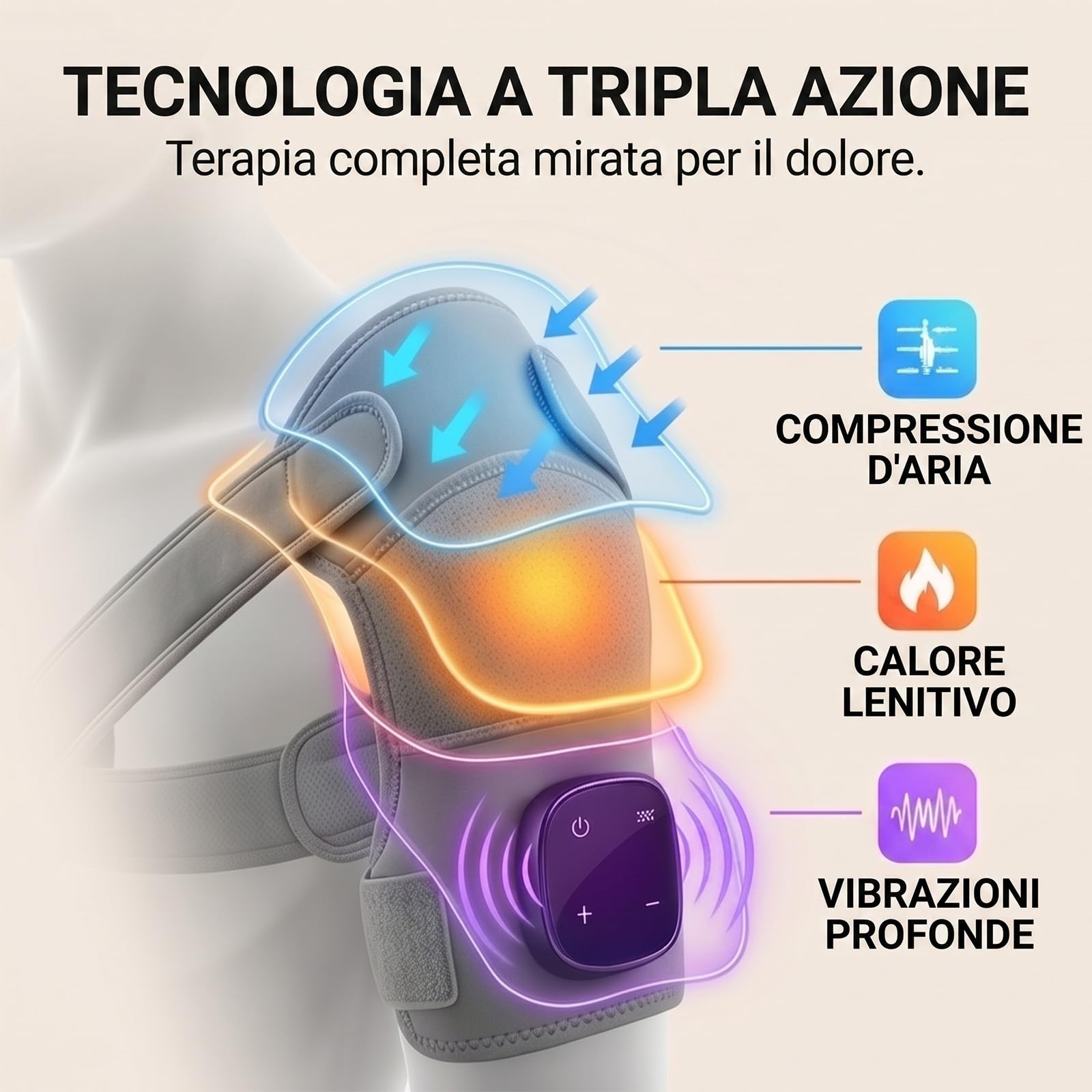 Hewelth Massaggiatore per Spalle Triple Method con Calore e Vibrazione, Senza Fili, Regolabile, per Spalle, Ginocchia e Gambe.