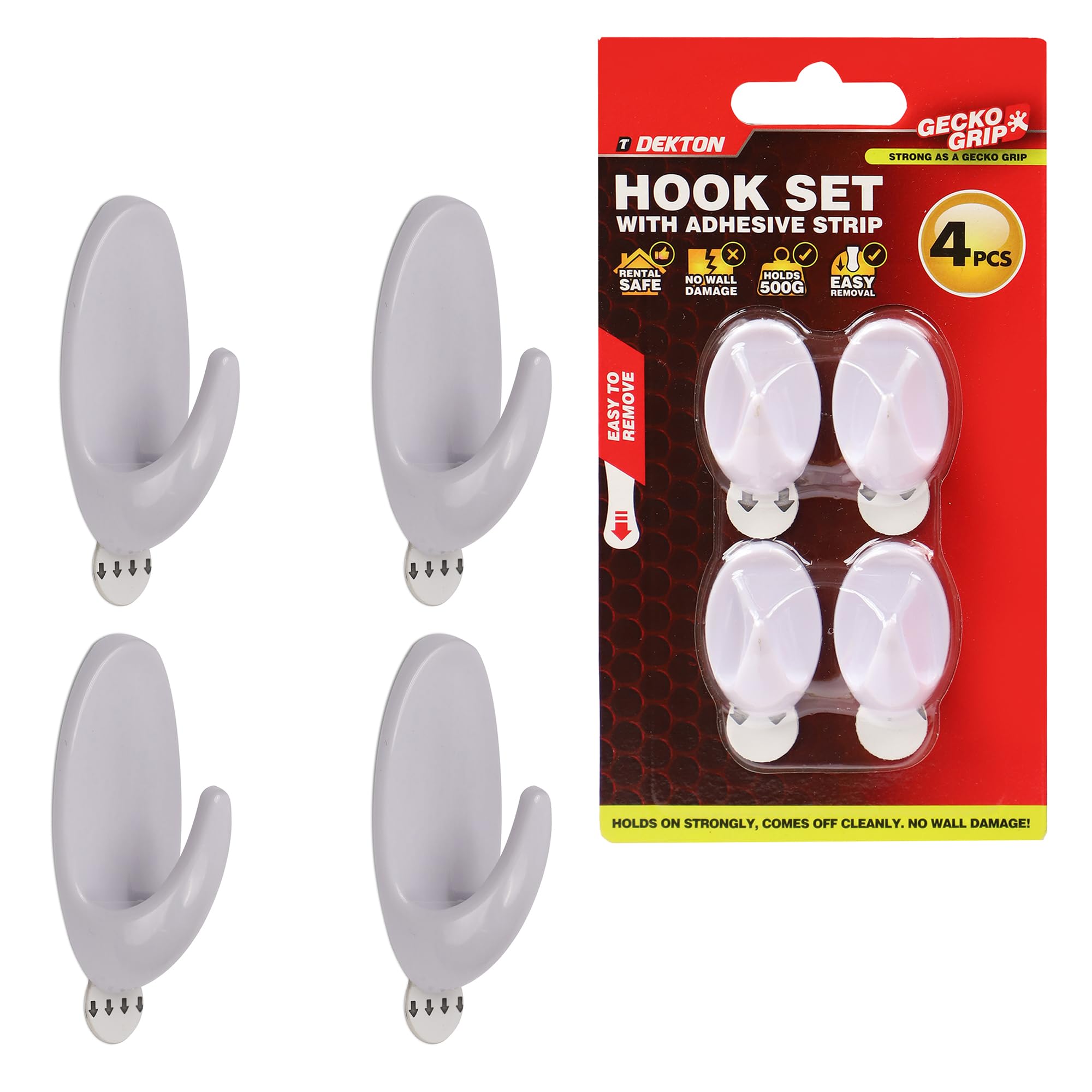 Dekton Geckogrip Hook Set 4pc White-Heavy-Duty Wall Hook| Strong Adhesive Grip| Holds Upto 10kg| Ideal for Kitchen, Bathroom, Office| Reusable & Residue-Free| Sleek White Finish| Versatile Storage