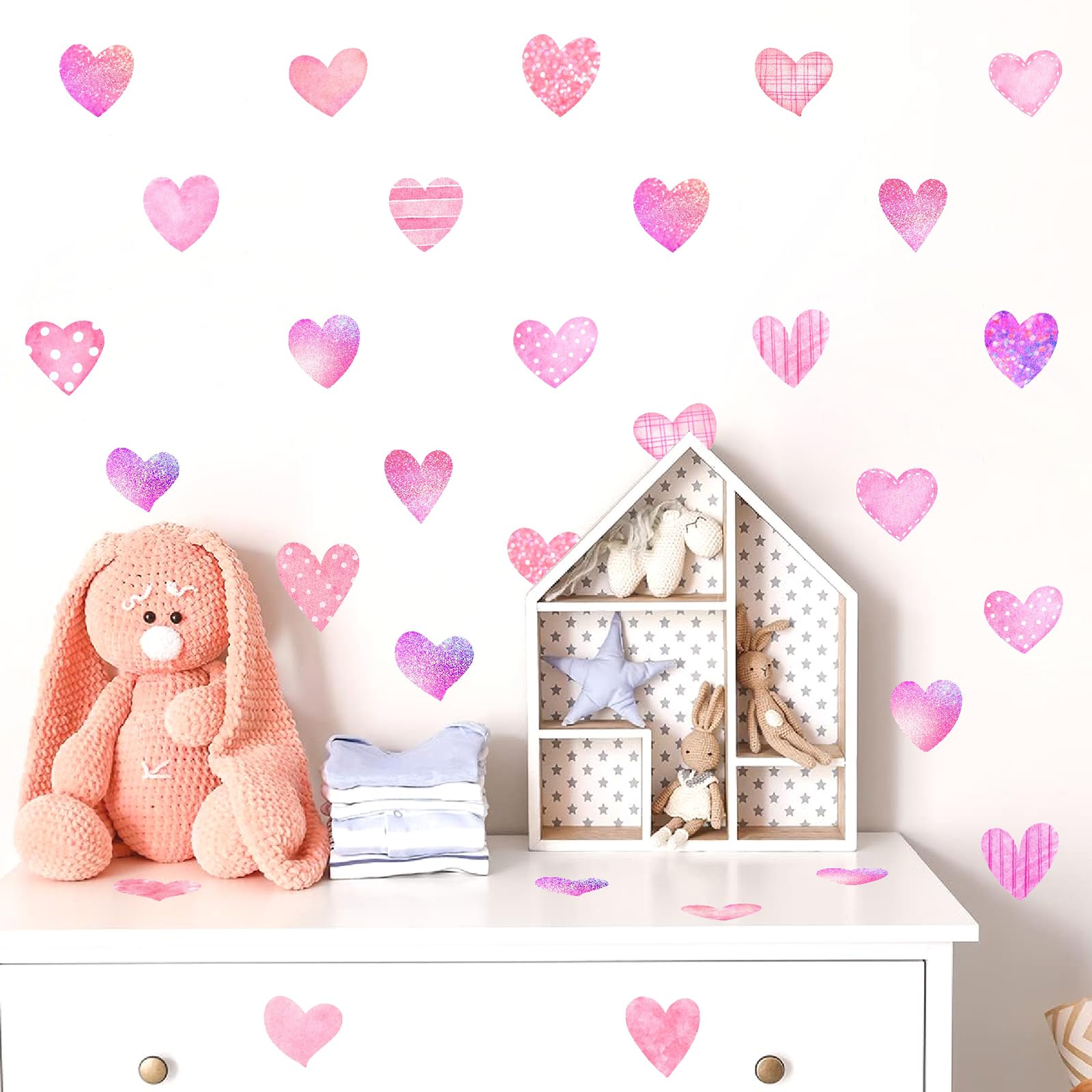MOSITU Colourful Heart Wall Stickers 66 Pcs 3 Sheets Watercolour Fabric Heart Decals Peel and Stick Removable for Girls Room Nursery Bedroom Decor - Image 4