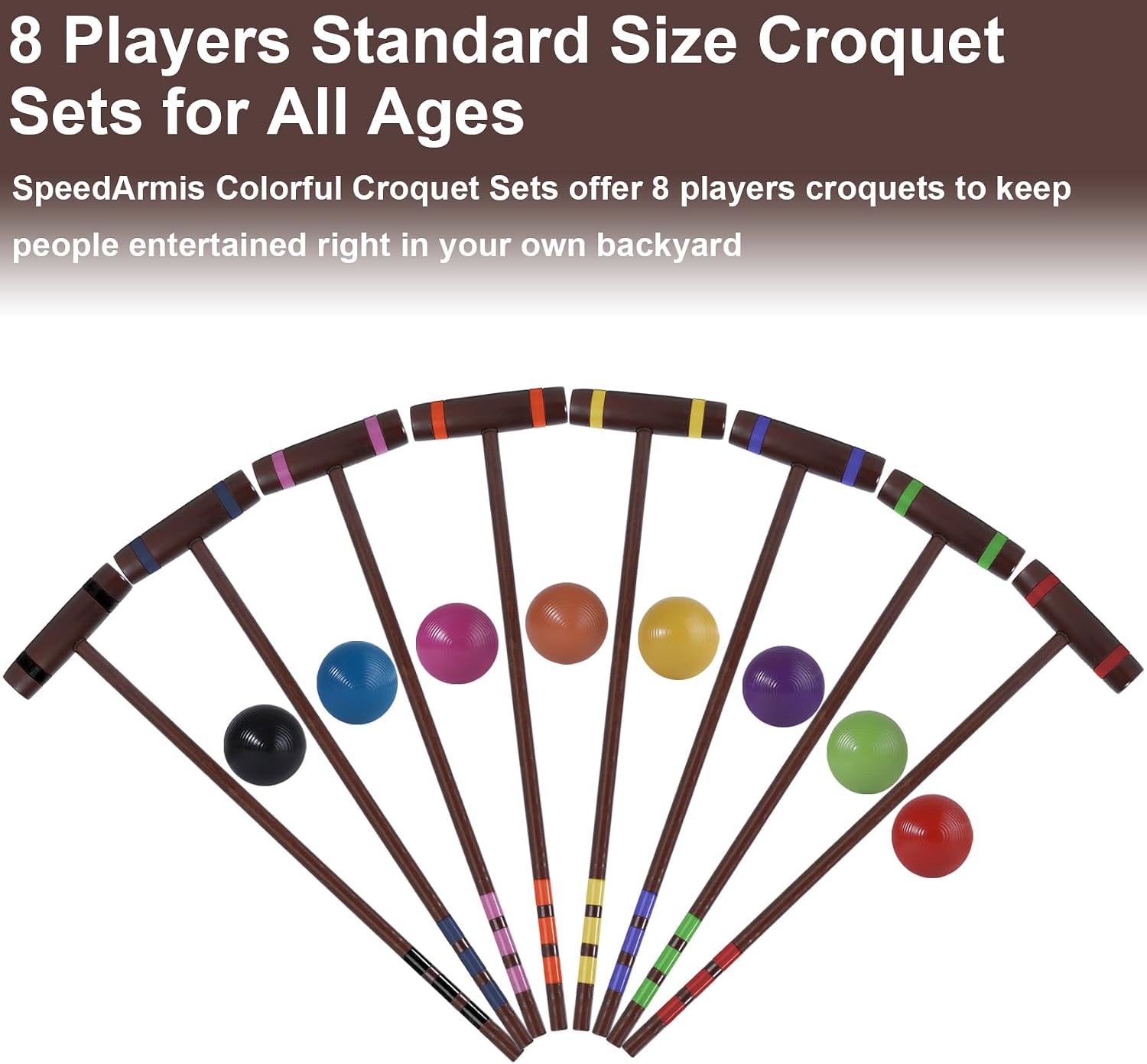 SpeedArmis 28In Croquet Party Set for 8 Players - Made of Long-Lasting Pine Wood, Family Fun for Backyards, Camping and More, Comes with Colorful Mallets, PE Balls, Wickets, Stakes, and Carrying Bag