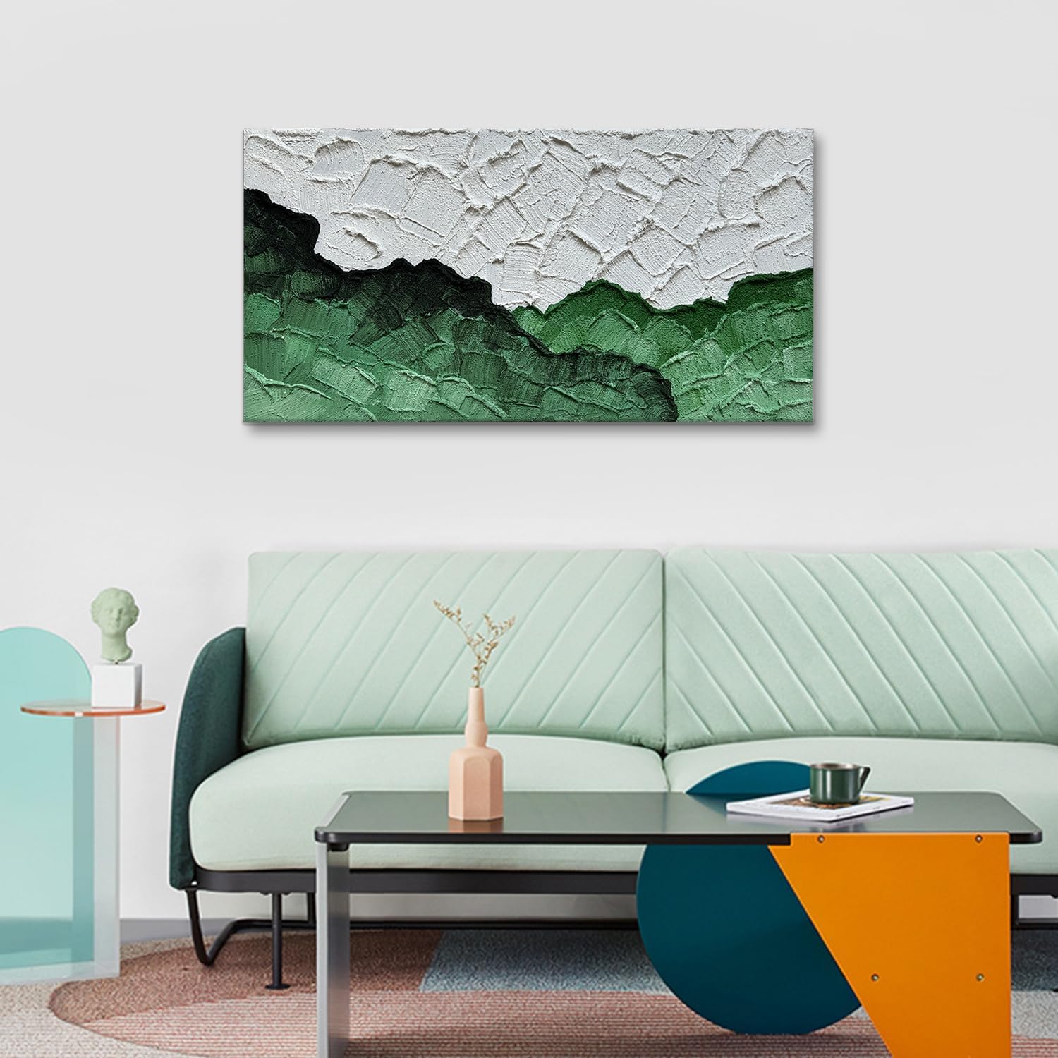 Hand-Painted Green White Texture Oil Painting Modern Abstract Canvas Wall Art Minimalist Color Block Artwork Home Decoration 24x48 Inches