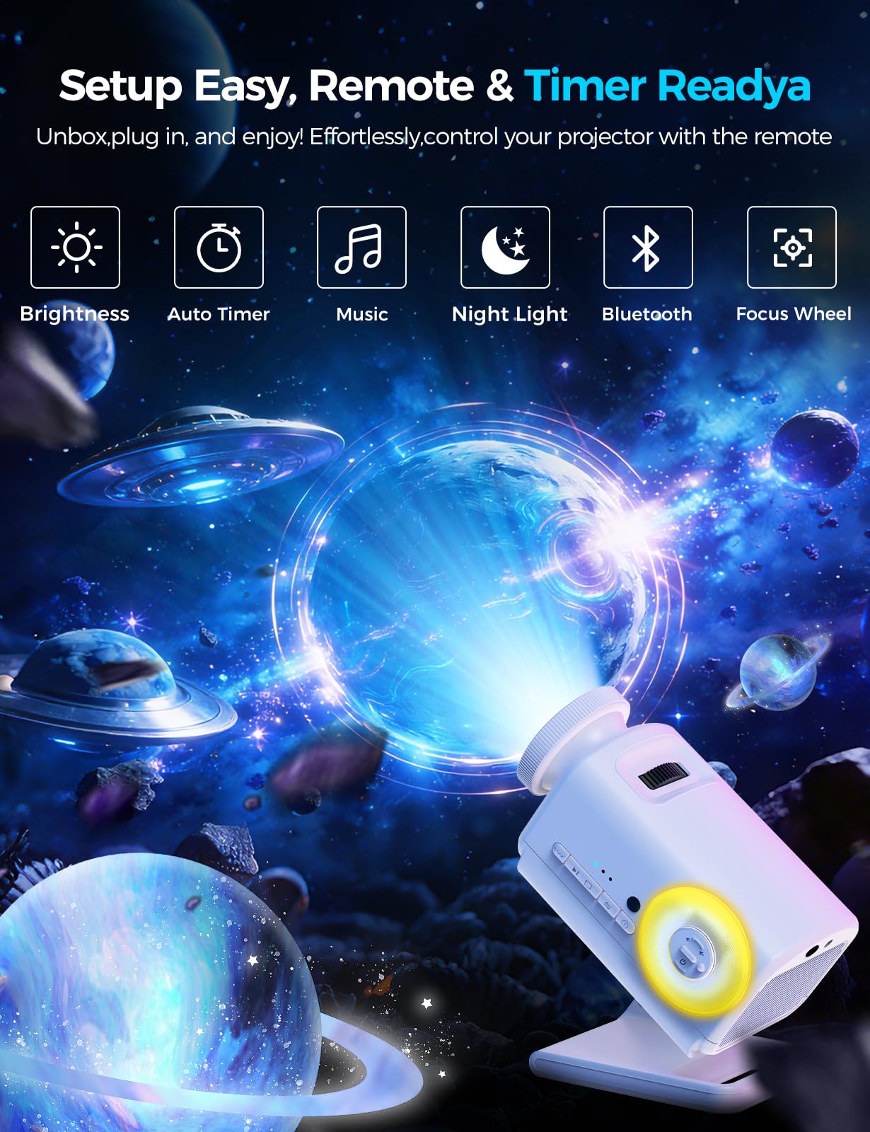 Proiettore di stelle 3D con oltre 60 motivi spaziali HD, Bluetooth, telecomando e timer – Luce notturna per camera da letto, camera dei bambini, regalo per adulti e bambini