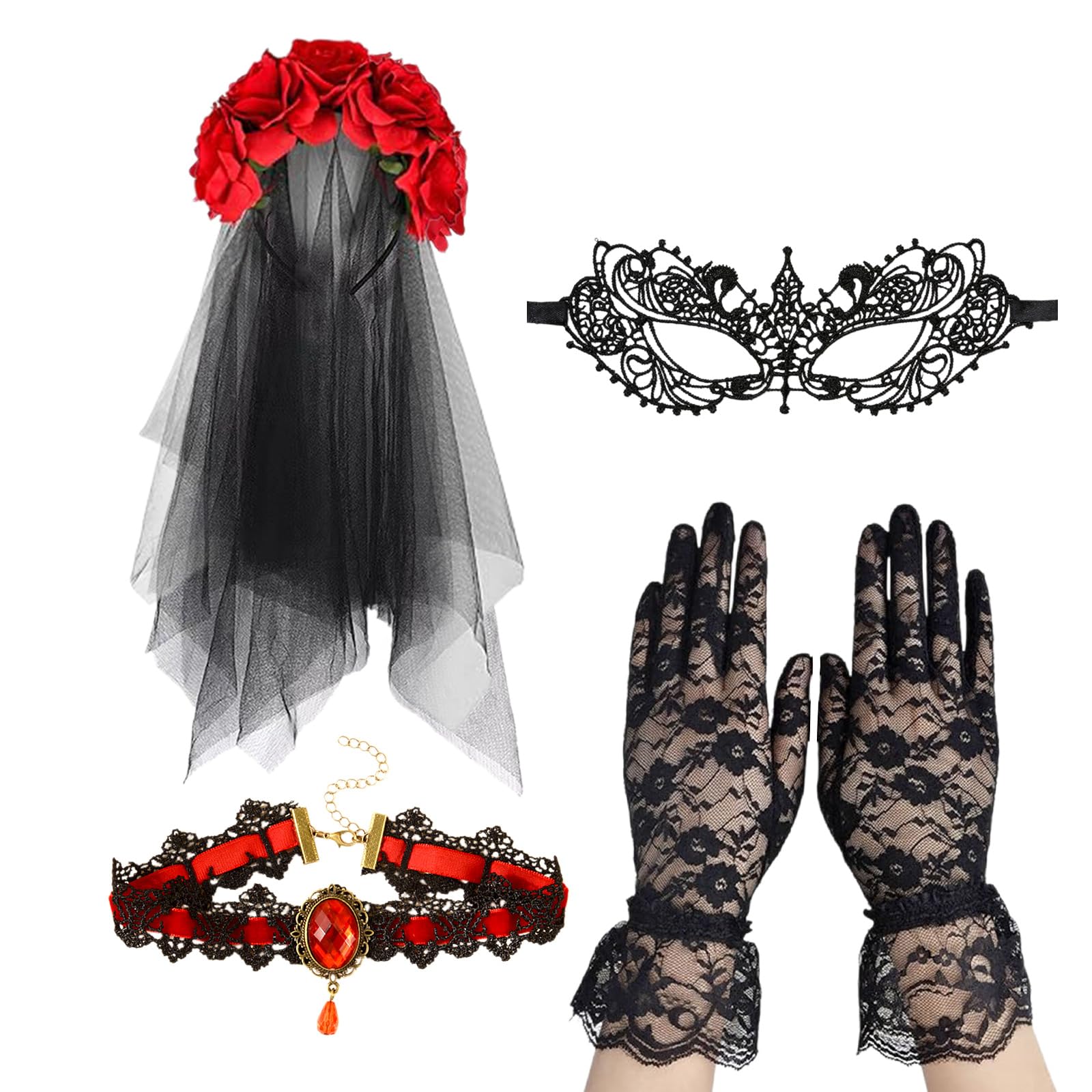 Axvxby Halloween Day of the Dead Headband Costume Set 4 Pieces Gothic Bride Accessories with Lace Veil Rose Necklace Eye Mask and Gloves for Women Halloween Adults Costume Accessory - Image 2