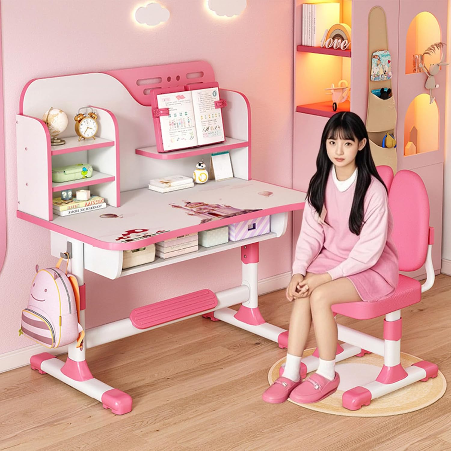2024 Upgraded Kids Desk and Chair Set, Kids School Desk Children Desk and Chair Set with Magnetic Back Plate, Drawers Schoolbag Hooks & Book Stand, Pen Holders (Pink-)